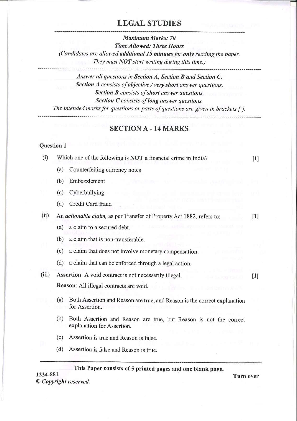 ISC 2024 Legal Studies Question Paper for Class 12 — page 1