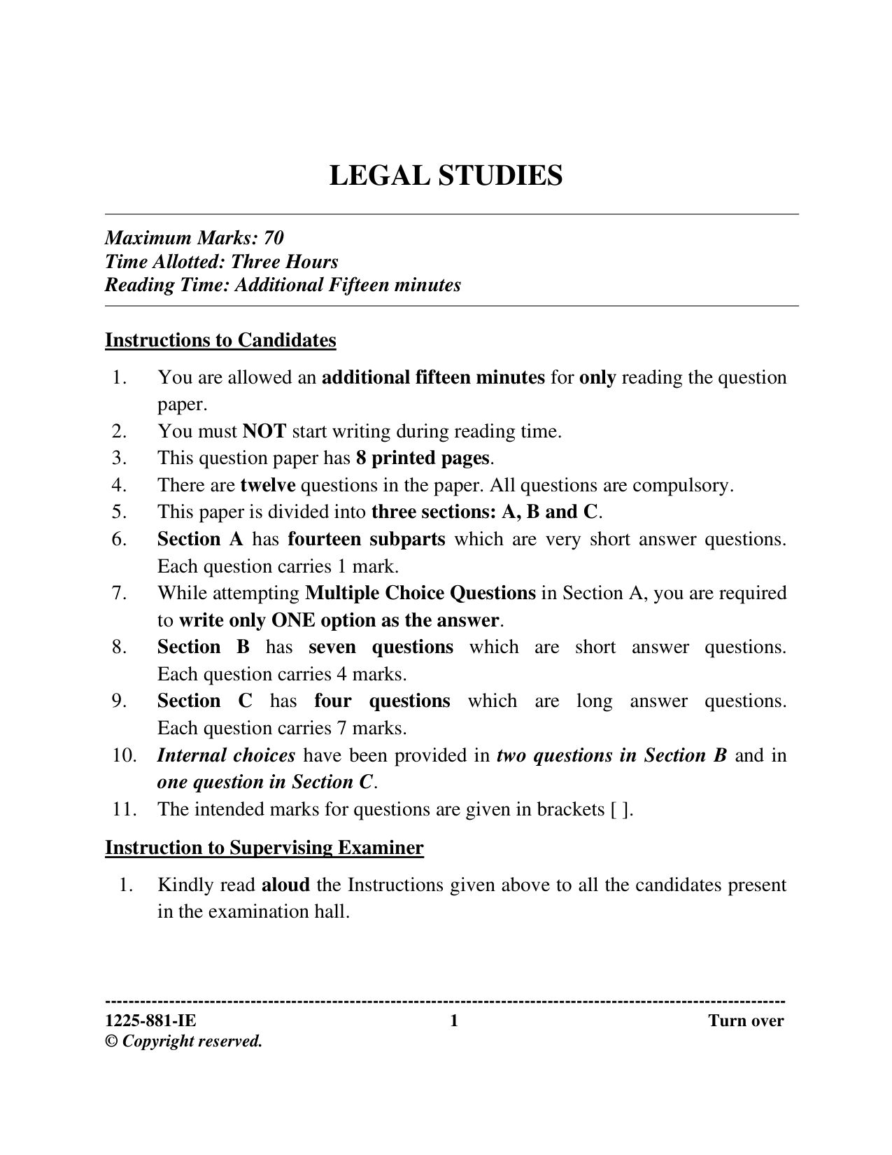 ISC 2025 Legal Studies Improvement Examination Question Paper for Class 12 — page 1