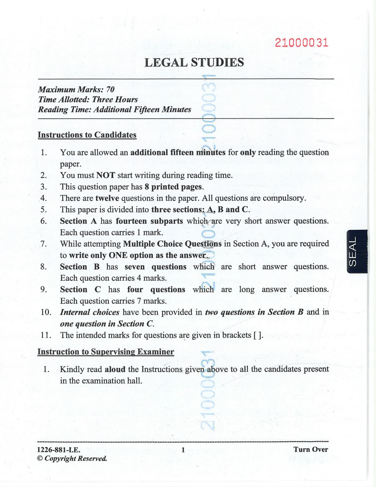 ISC 2026 Legal Studies Improvement Examination Question Paper for Class 12 — page 1