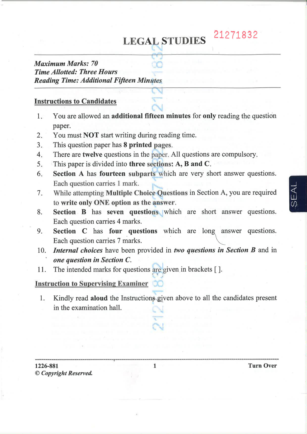 ISC 2026 Legal Studies Question Paper for Class 12 — page 1
