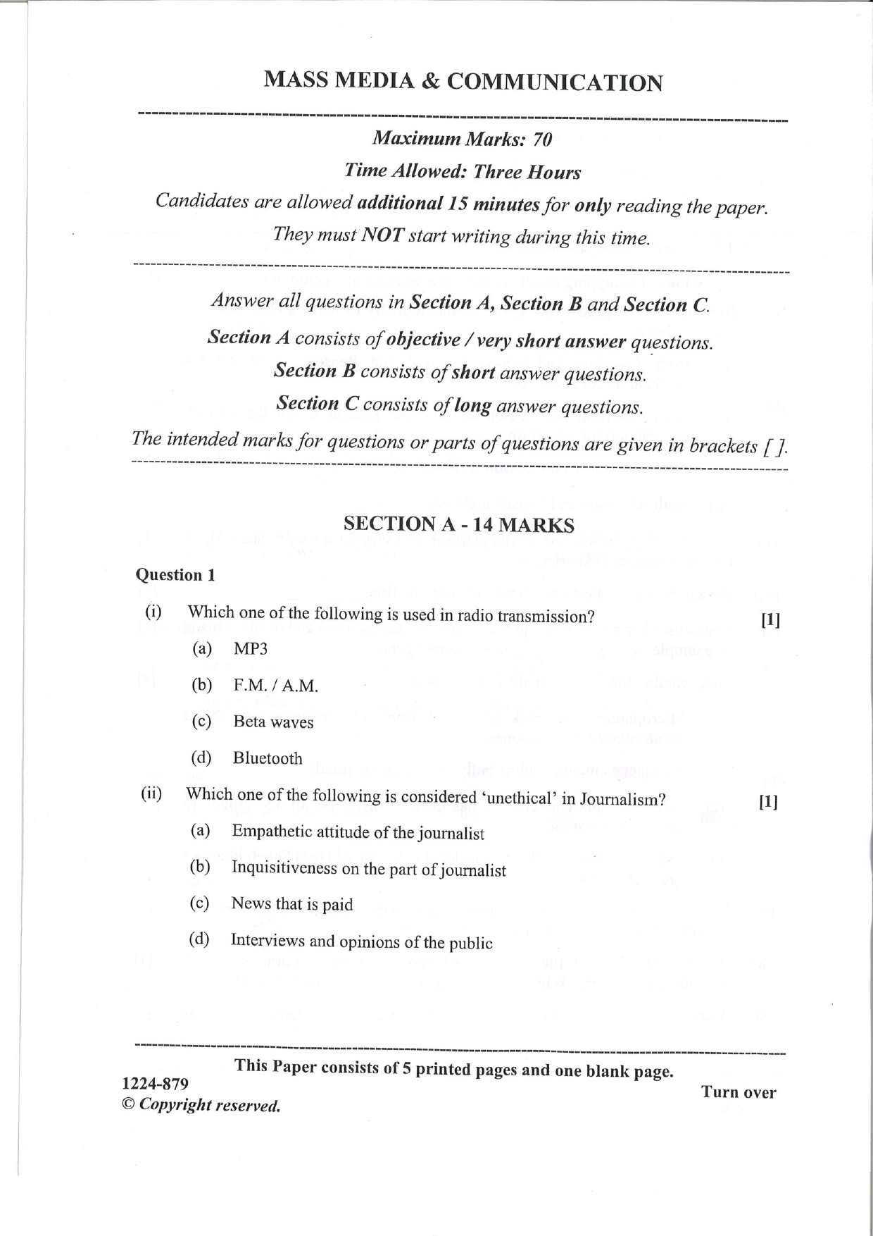 ISC 2024 Mass Media and Communication Question Paper for Class 12 — page 1