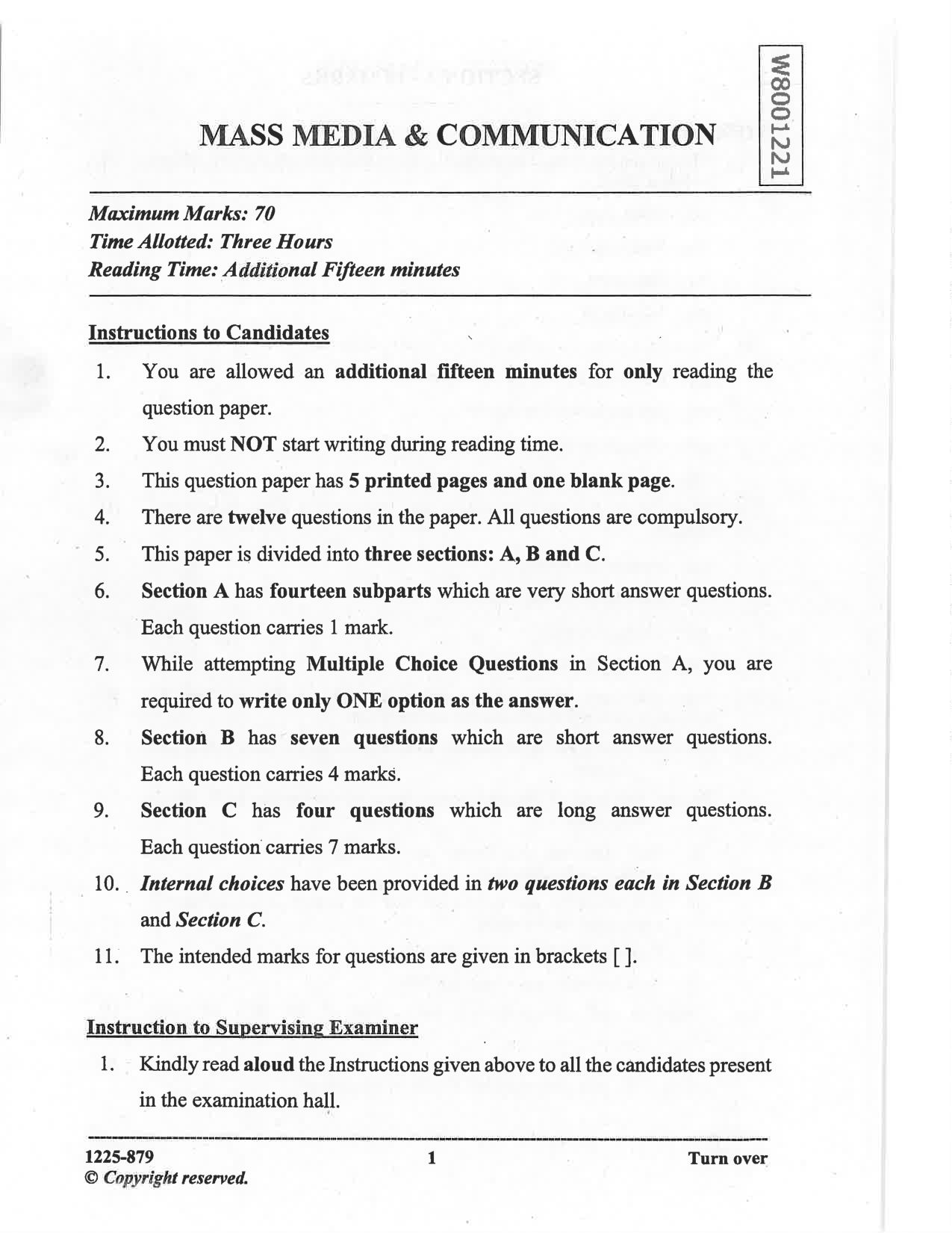 ISC 2025 Mass Media and Communication Question Paper for Class 12 — page 1