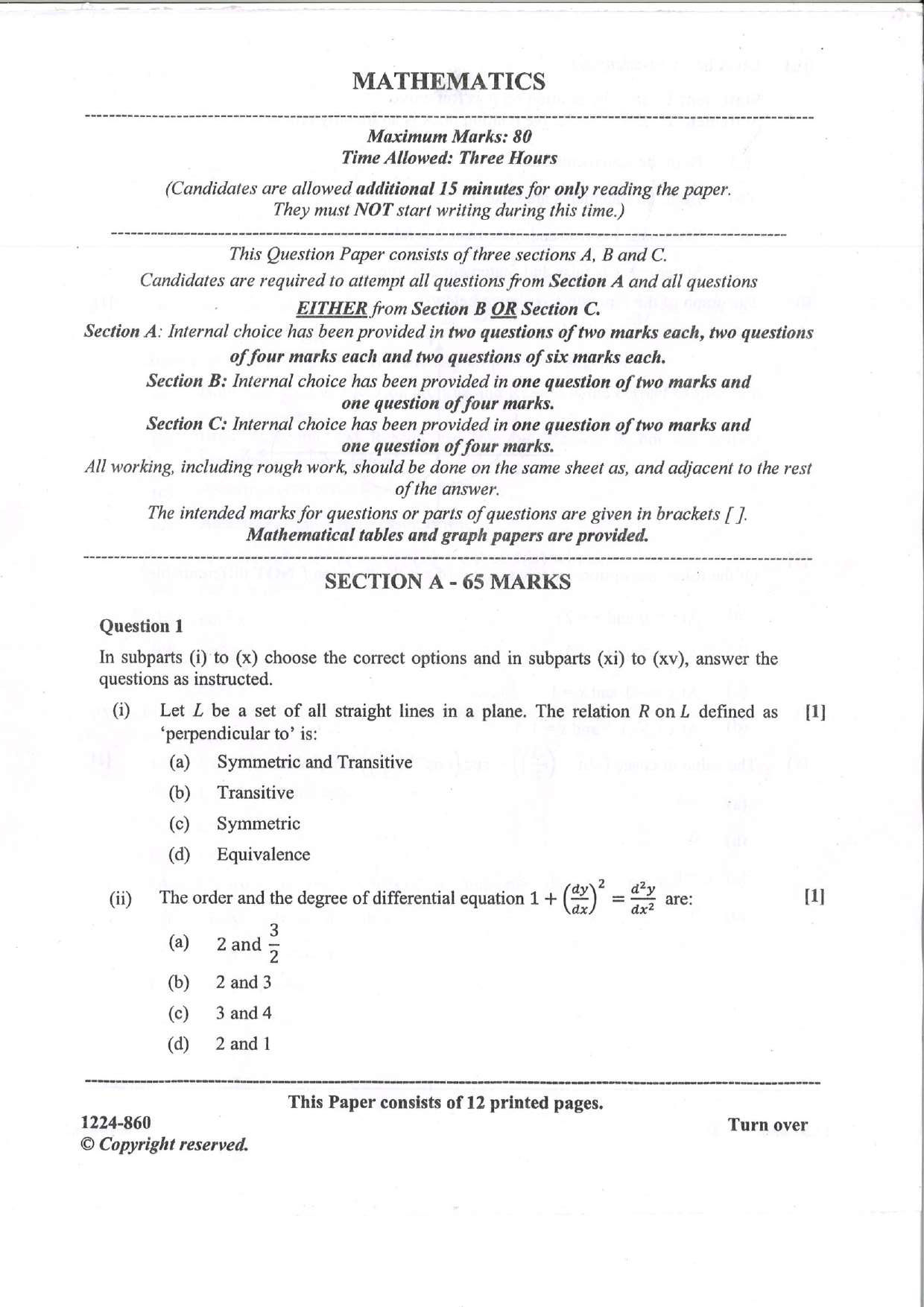 ISC 2024 Mathematics Question Paper for Class 12 — page 1