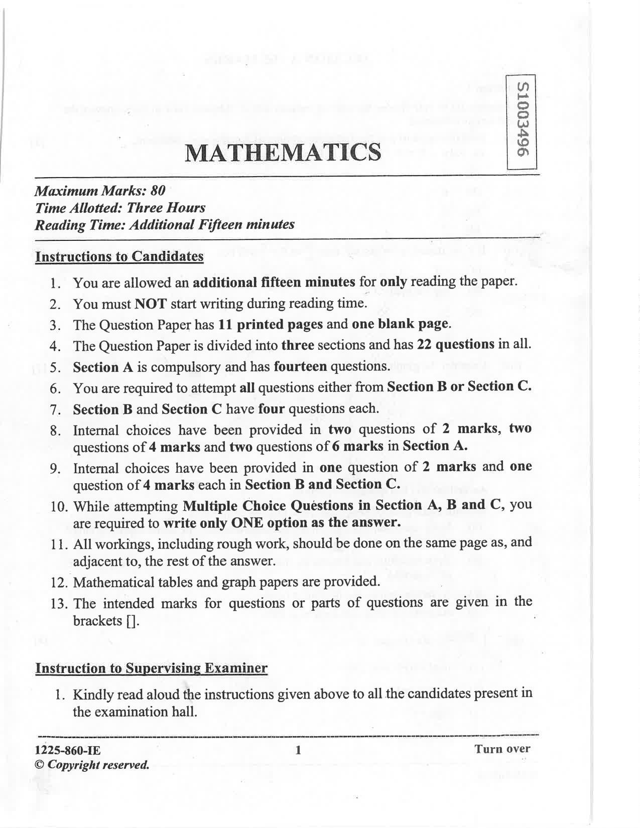 ISC 2025 Mathematics Improvement Examination Question Paper for Class 12 — page 1