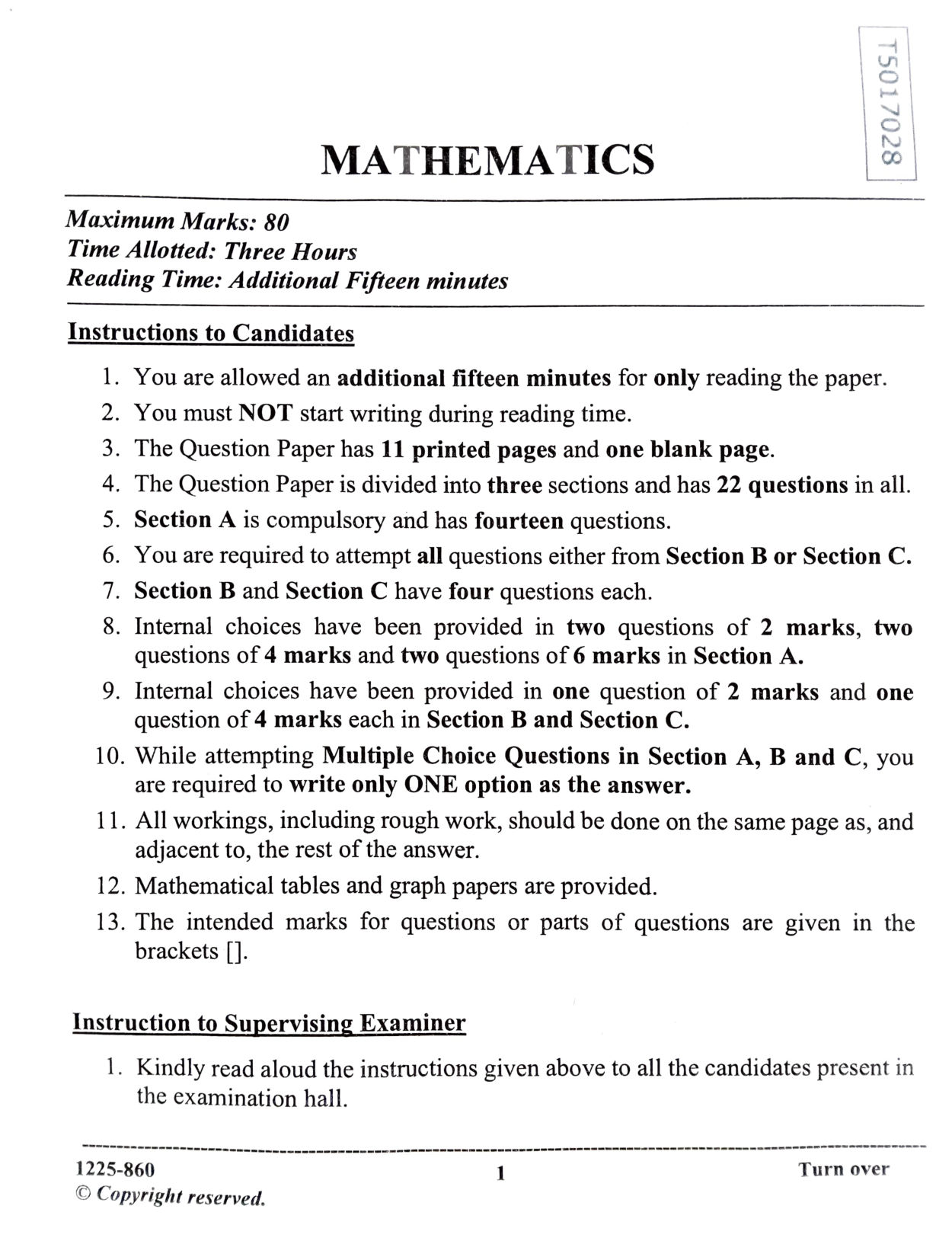 ISC 2025 Mathematics Question Paper for Class 12 — page 1