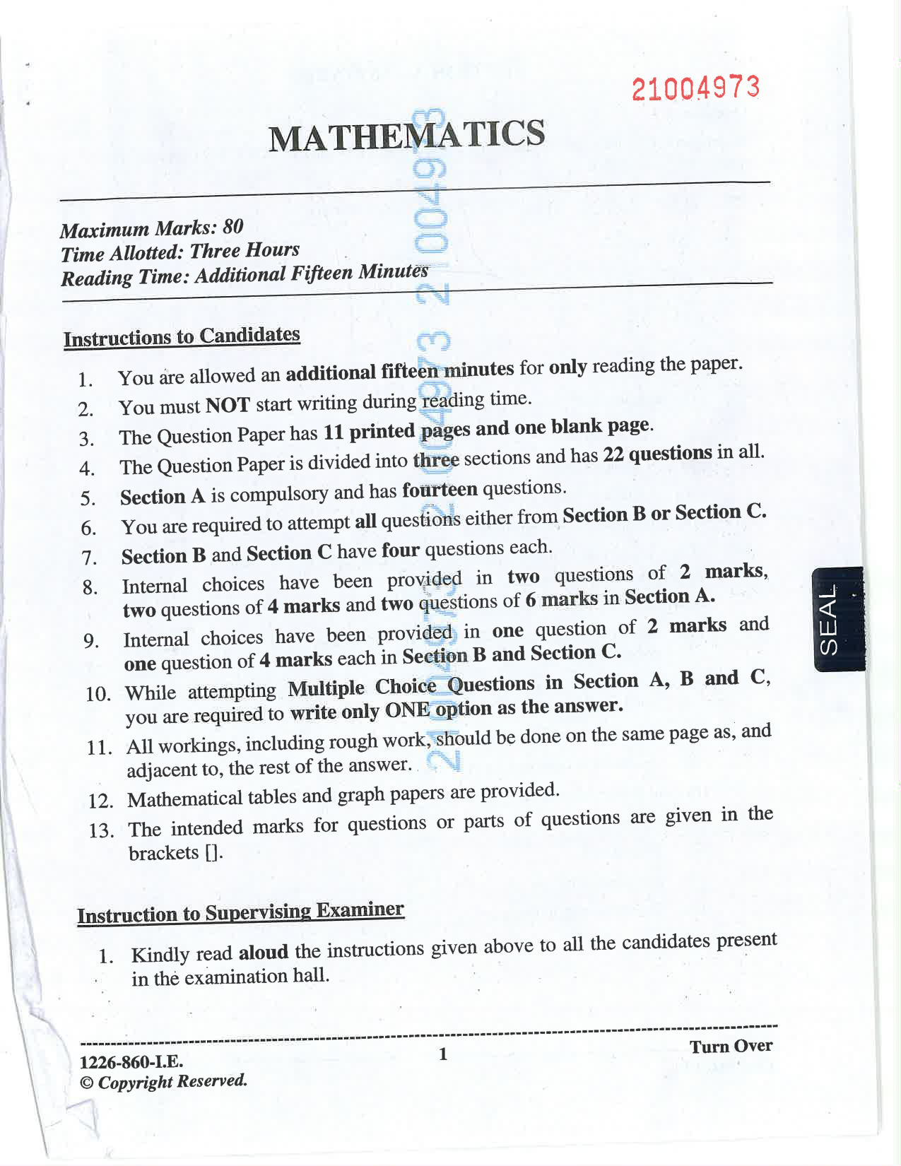ISC 2026 Mathematics Improvement Examination Question Paper for Class 12 — page 1