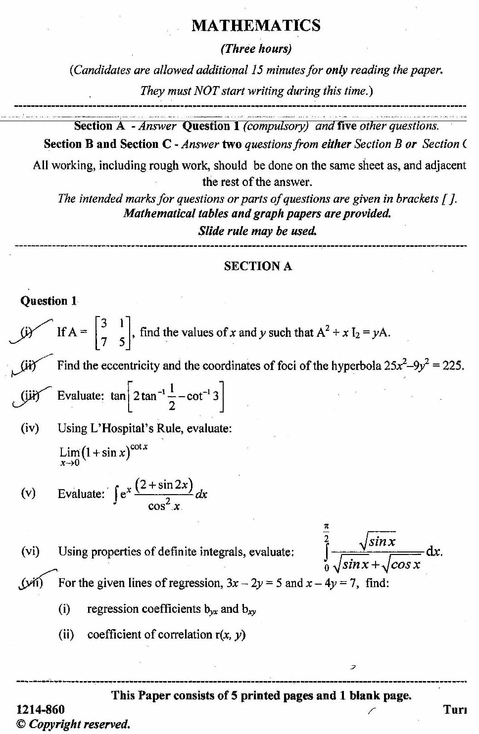 ISC Class 12 Mathematics 2014 Question Paper