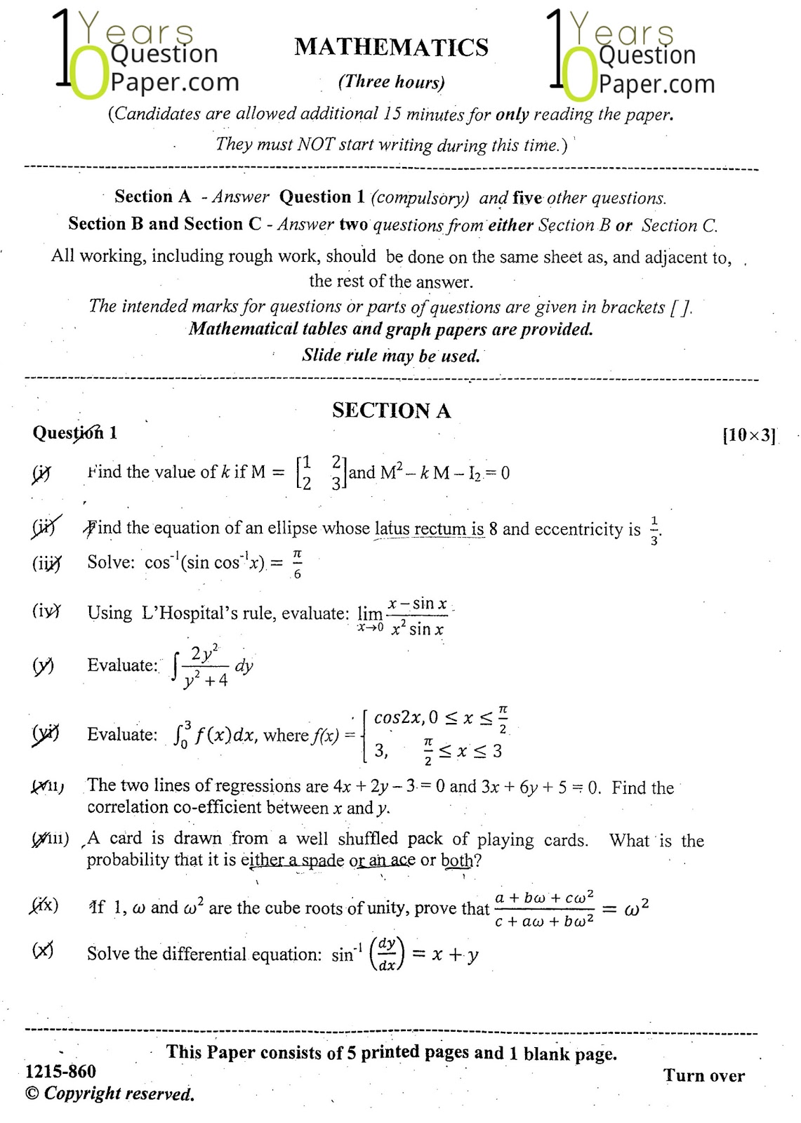 ISC Class 12 Mathematics 2015 Question Paper