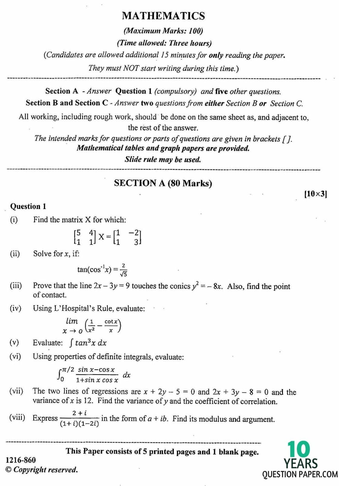 ISC Class 12 Mathematics 2016 Question Paper