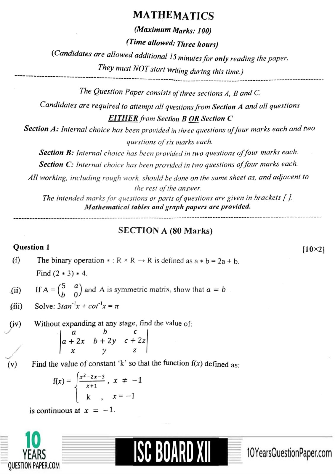 ISC Class 12 Mathematics 2018 Question Paper