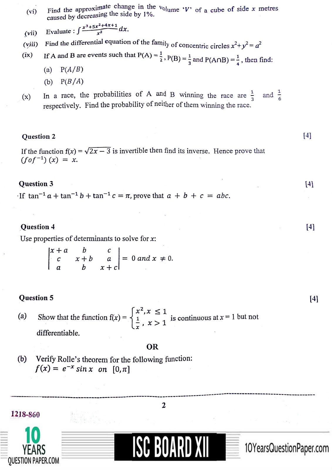 ISC Class 12 Mathematics 2018 Question Paper