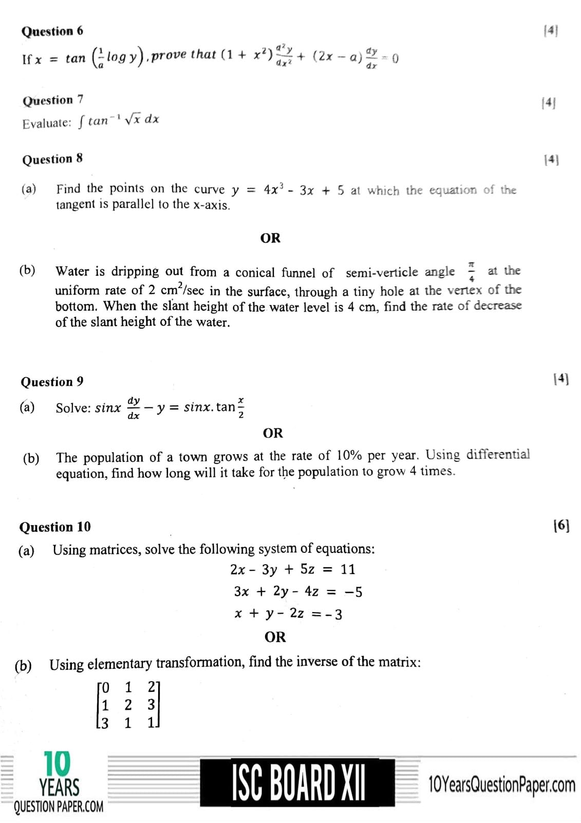 ISC Class 12 Mathematics 2018 Question Paper