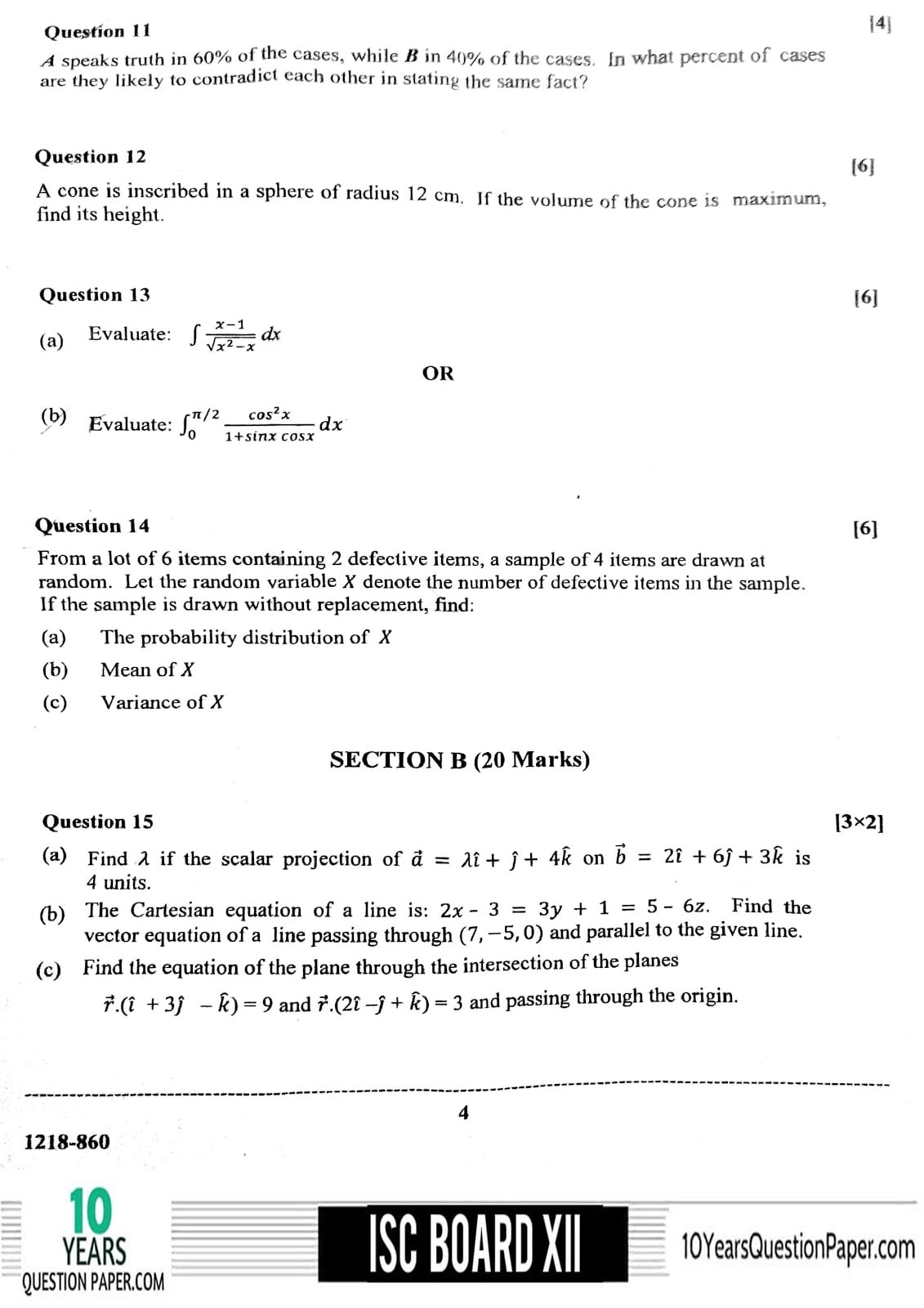 ISC Class 12 Mathematics 2018 Question Paper