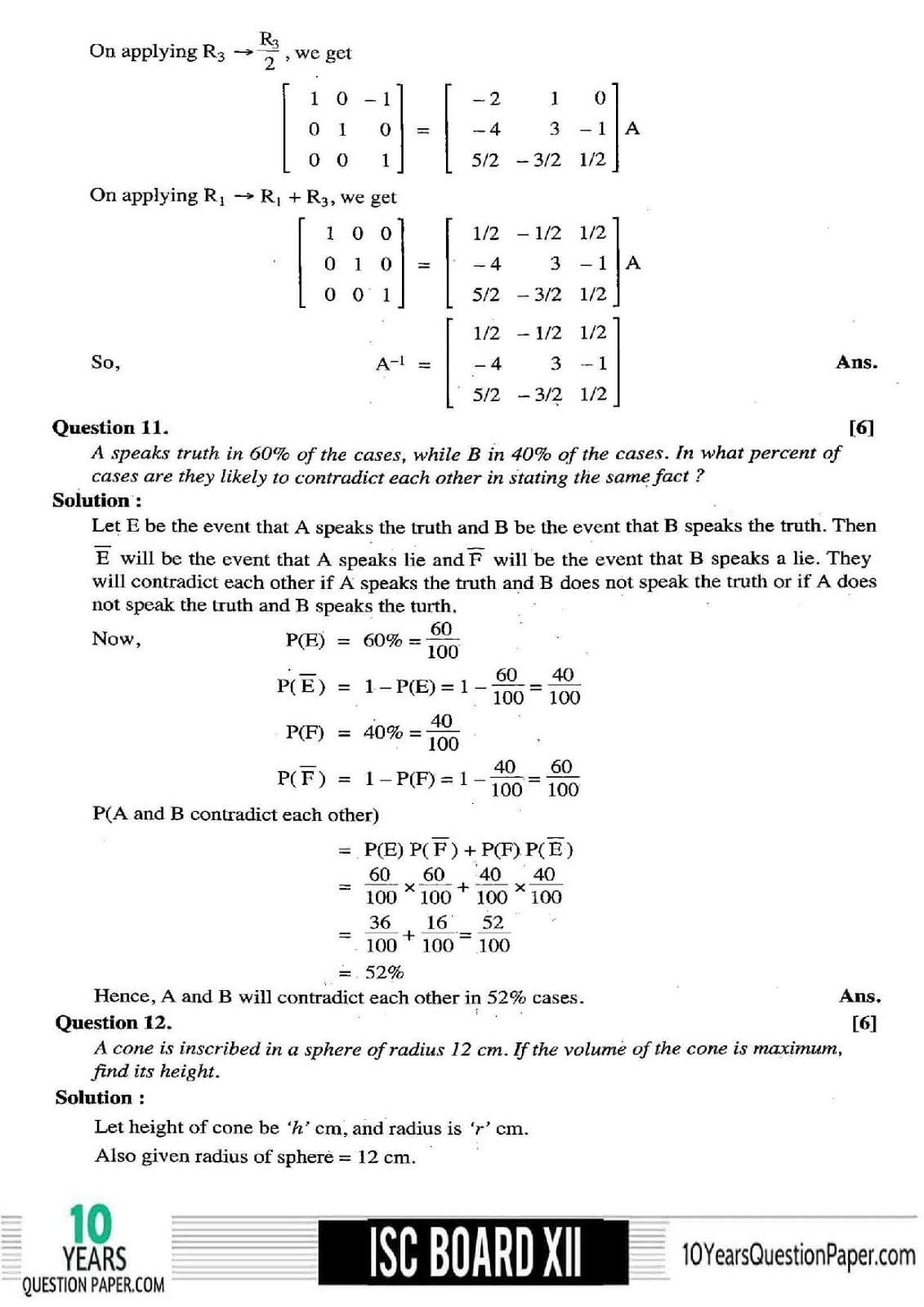 ISC Class 12 Mathematics 2018 Solved Paper