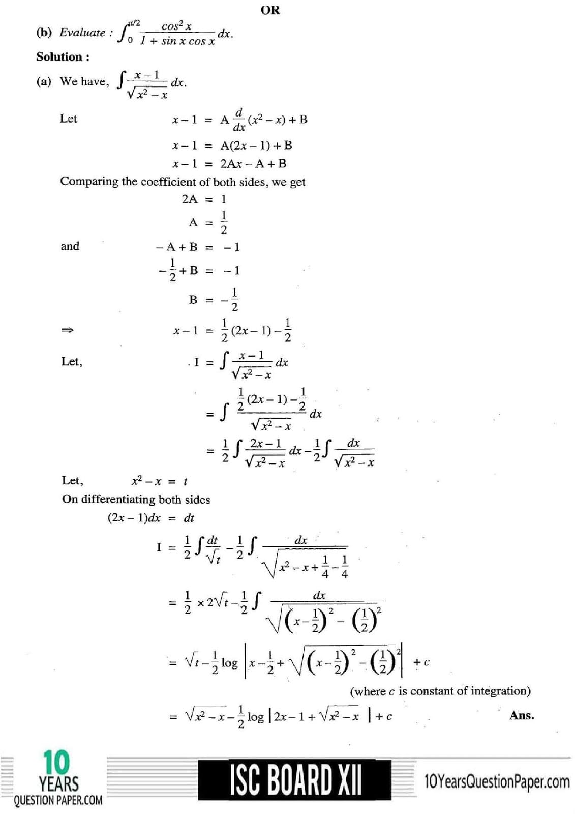 ISC Class 12 Mathematics 2018 Solved Paper