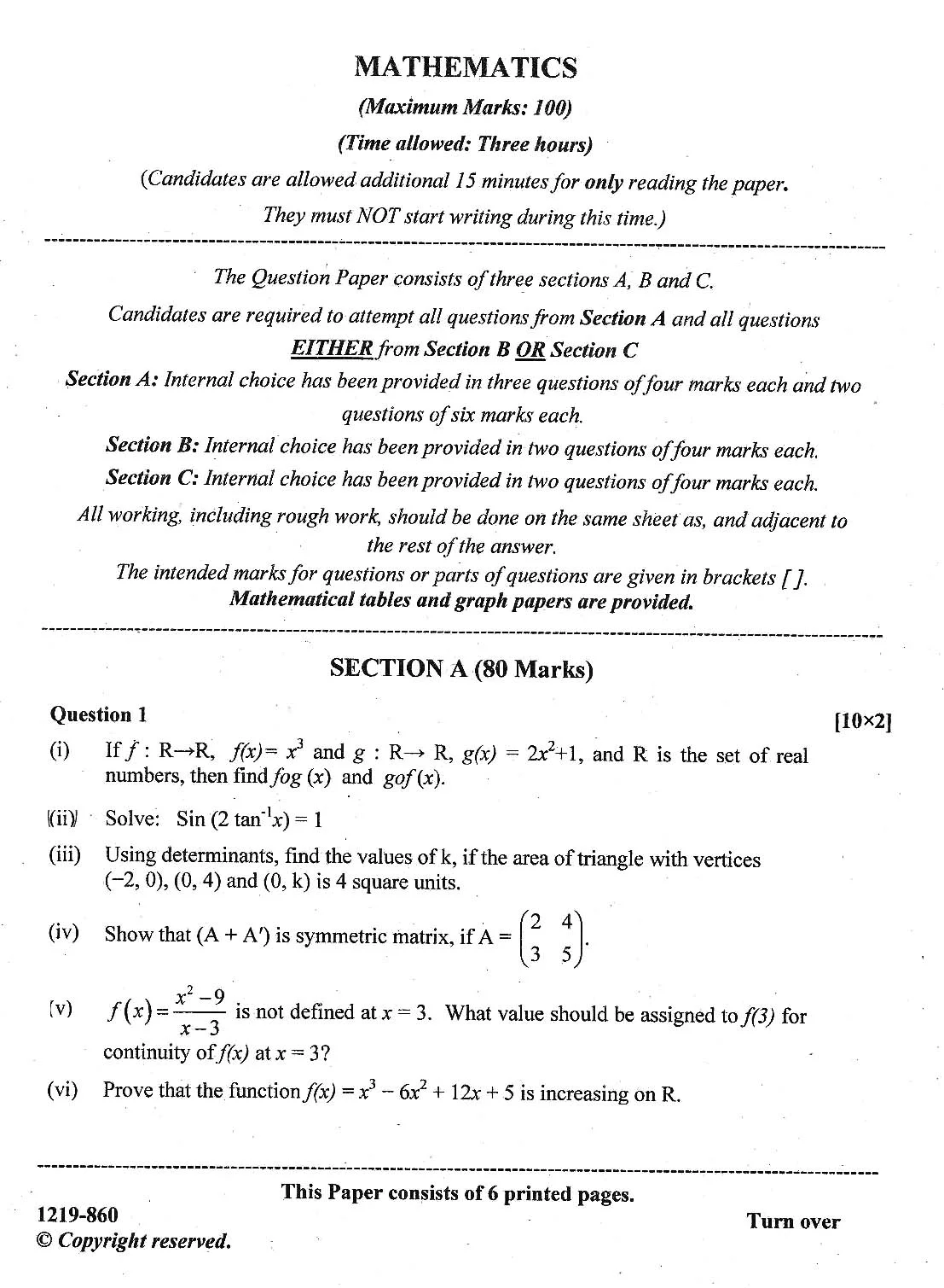 ISC 2019 Mathematics Question Paper for Class 12