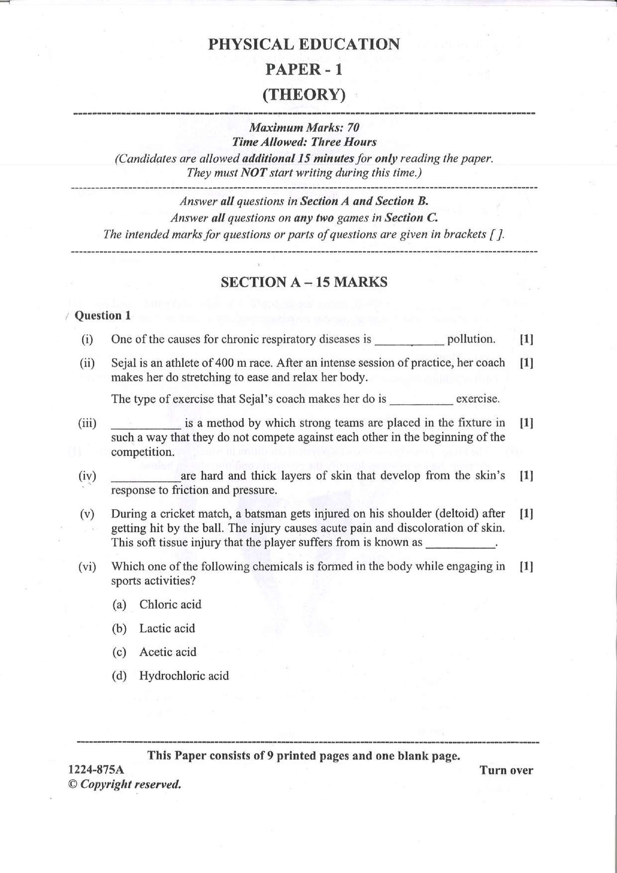 ISC 2024 Physical Education Question Paper for Class 12 — page 1