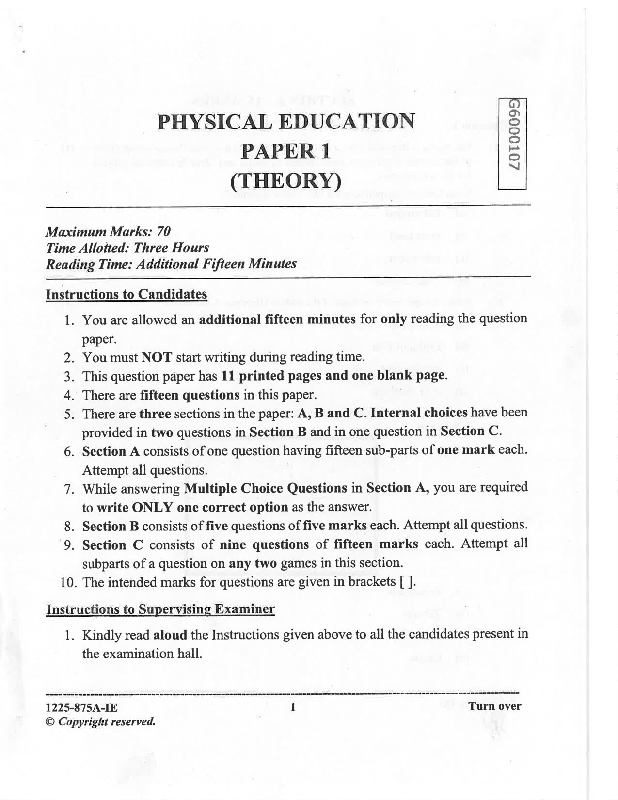 ISC 2025 Physical Education Improvement Examination Question Paper for Class 12 — page 1