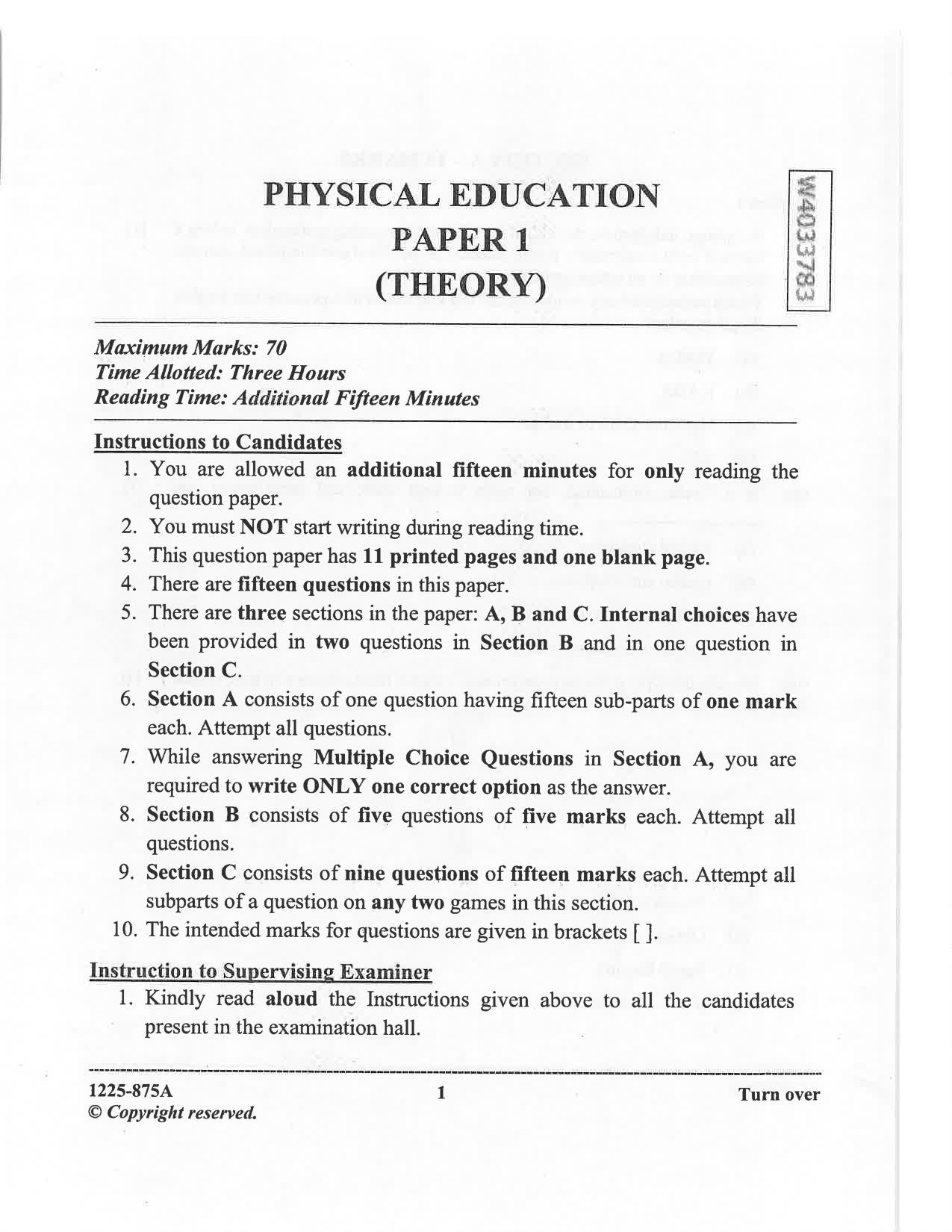 ISC 2025 Physical Education Question Paper for Class 12 — page 1