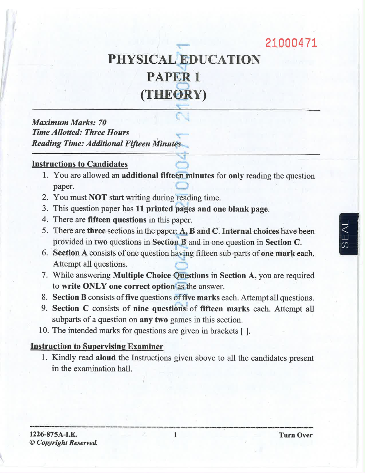 ISC 2026 Physical Education Improvement Examination Question Paper for Class 12 — page 1
