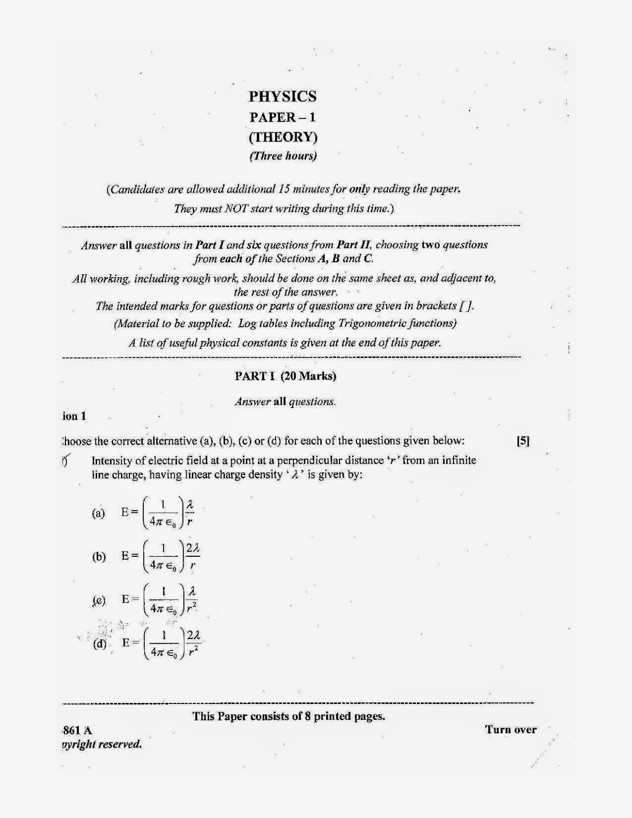 ISC Class 12 Physics 2014 Question Paper