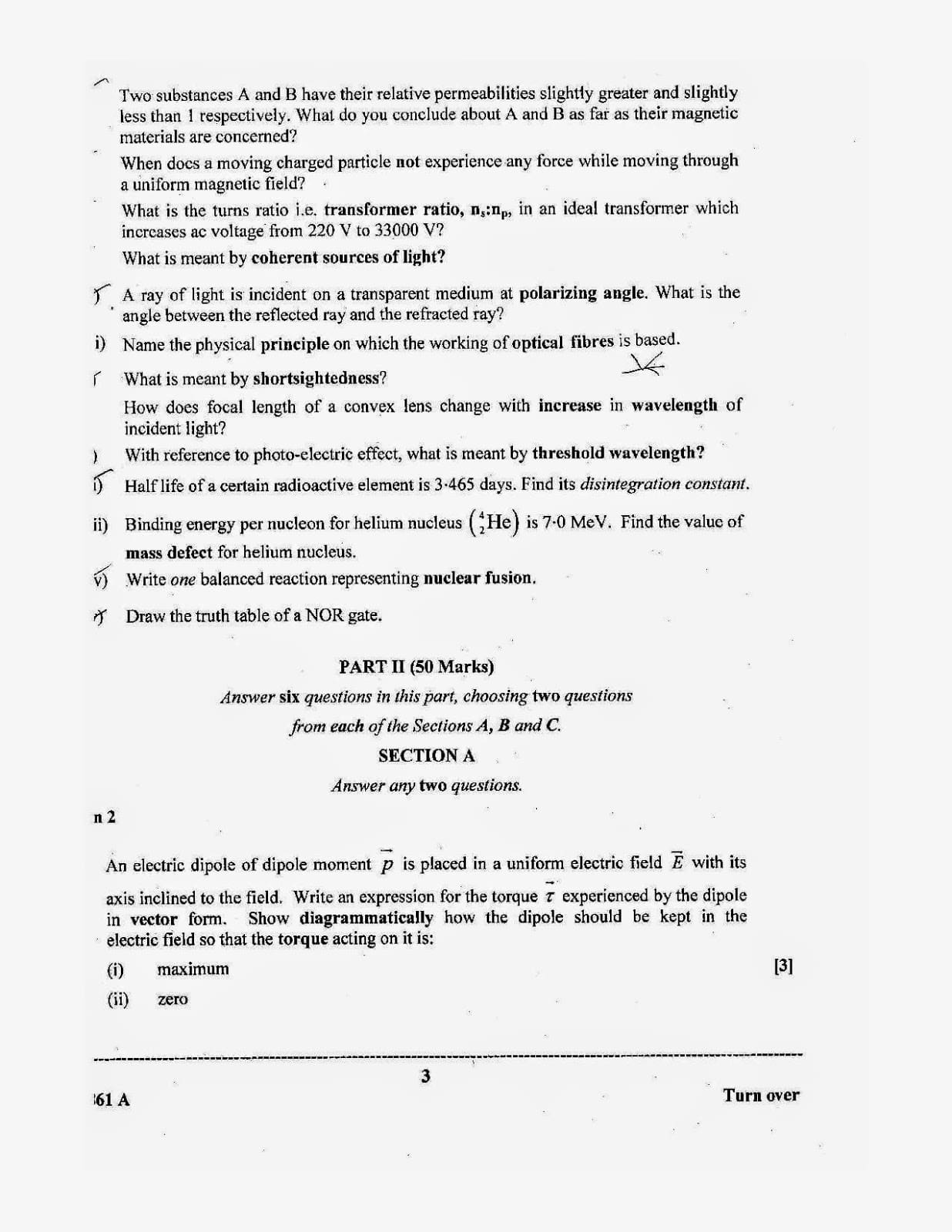 ISC Class 12 Physics 2014 Question Paper