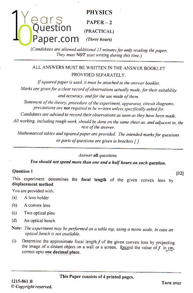 ISC Class 12 Physics 2015 practical Question Paper