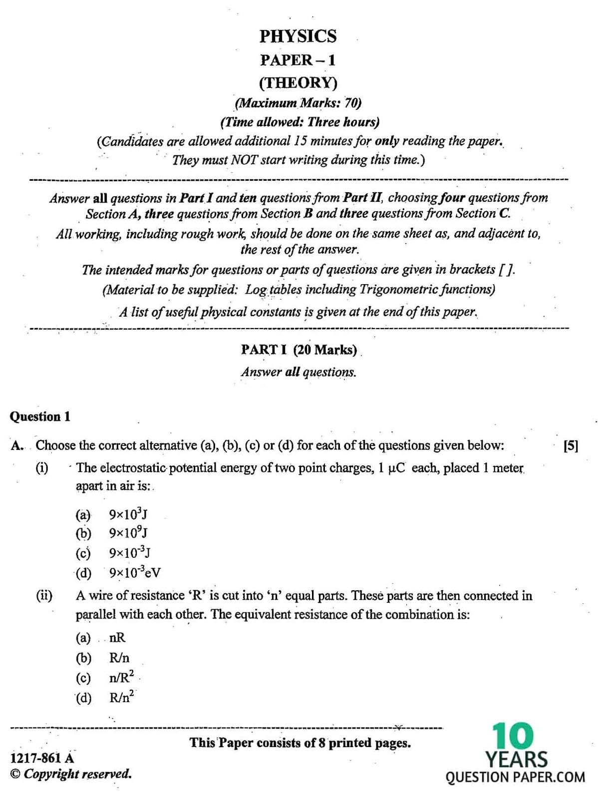 ISC Class 12 Physics 2017 Question Paper