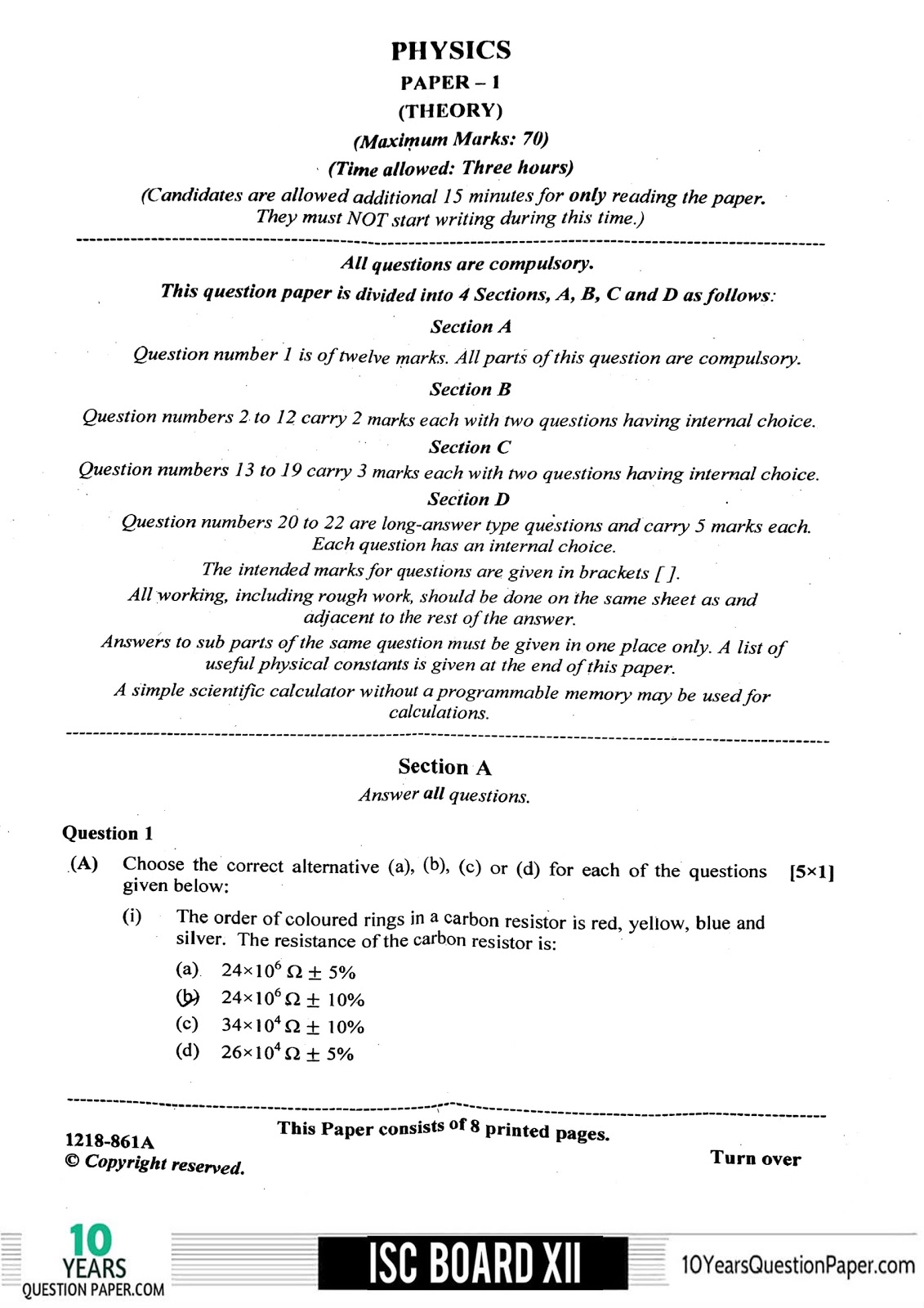 ISC Class 12 Physics 2018 Question Paper