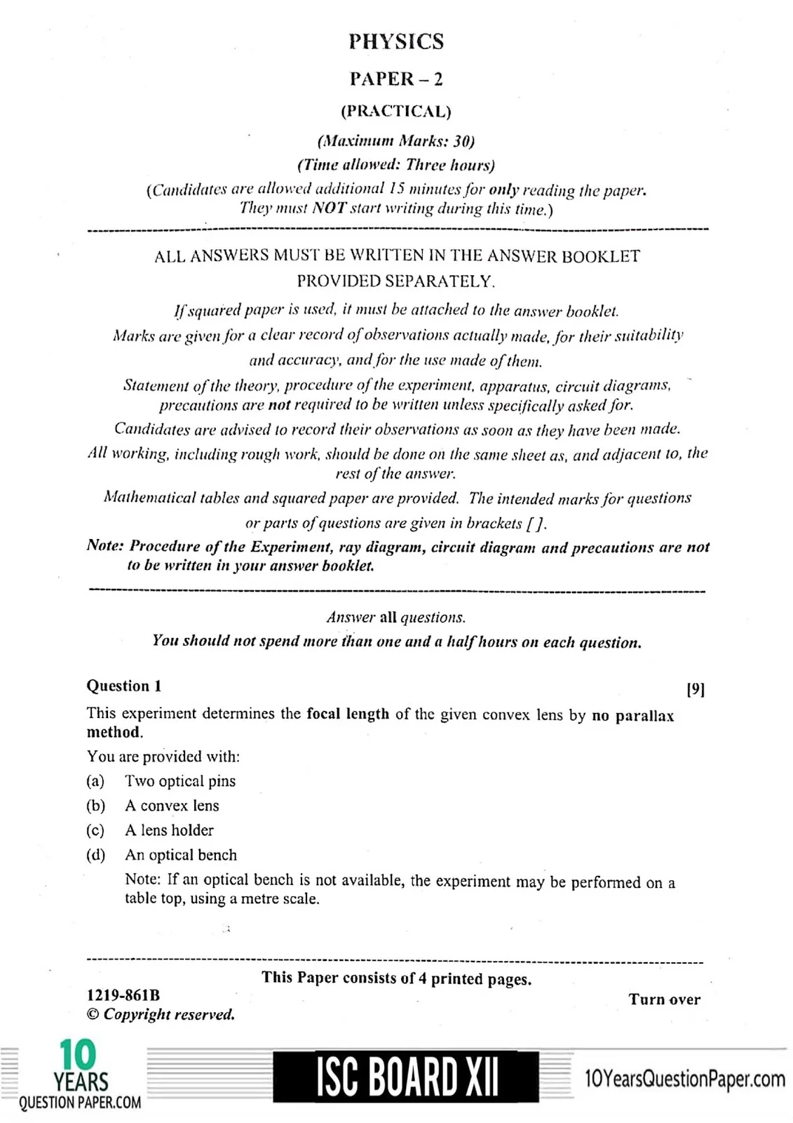 ISC Class 12 Physics 2019 practical Question Paper