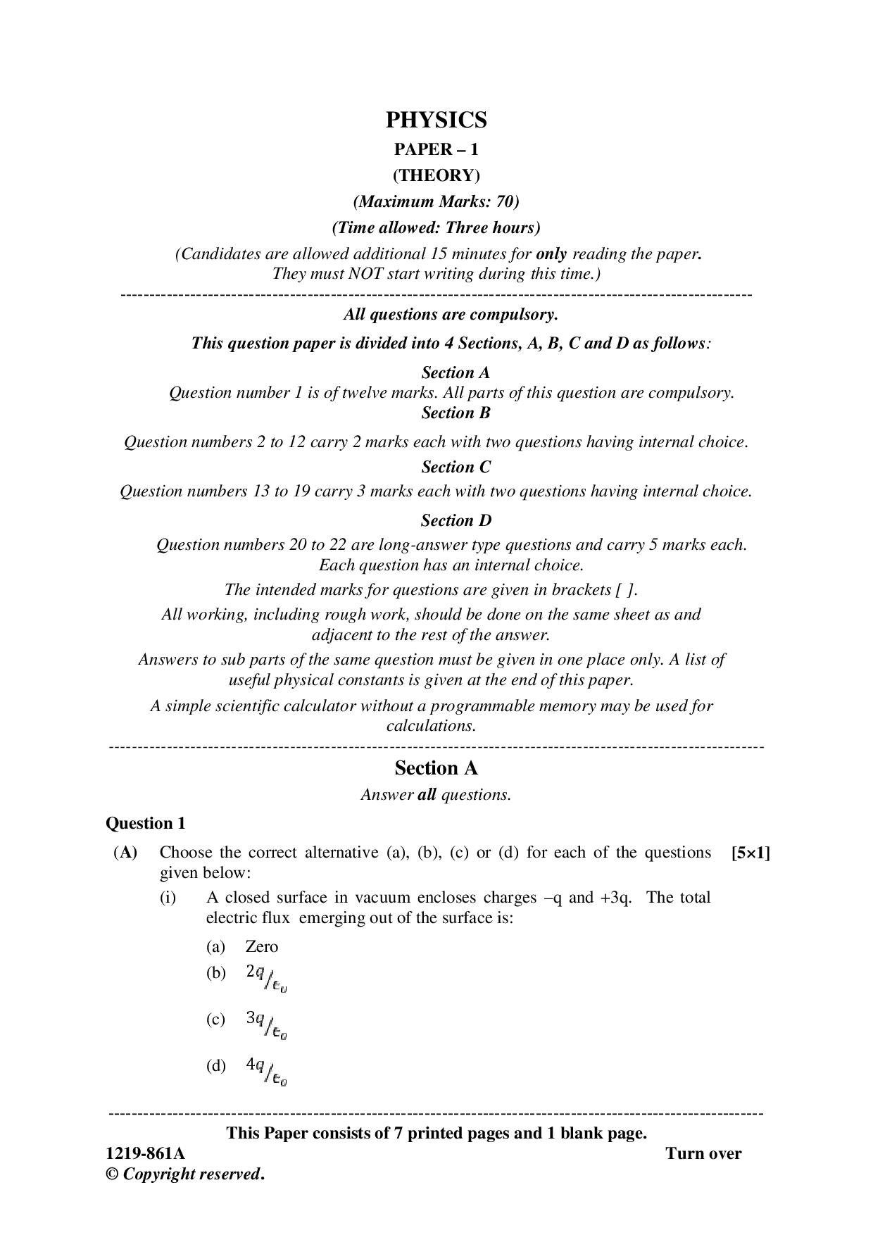 ISC Class 12 Physics 2019 Question Paper