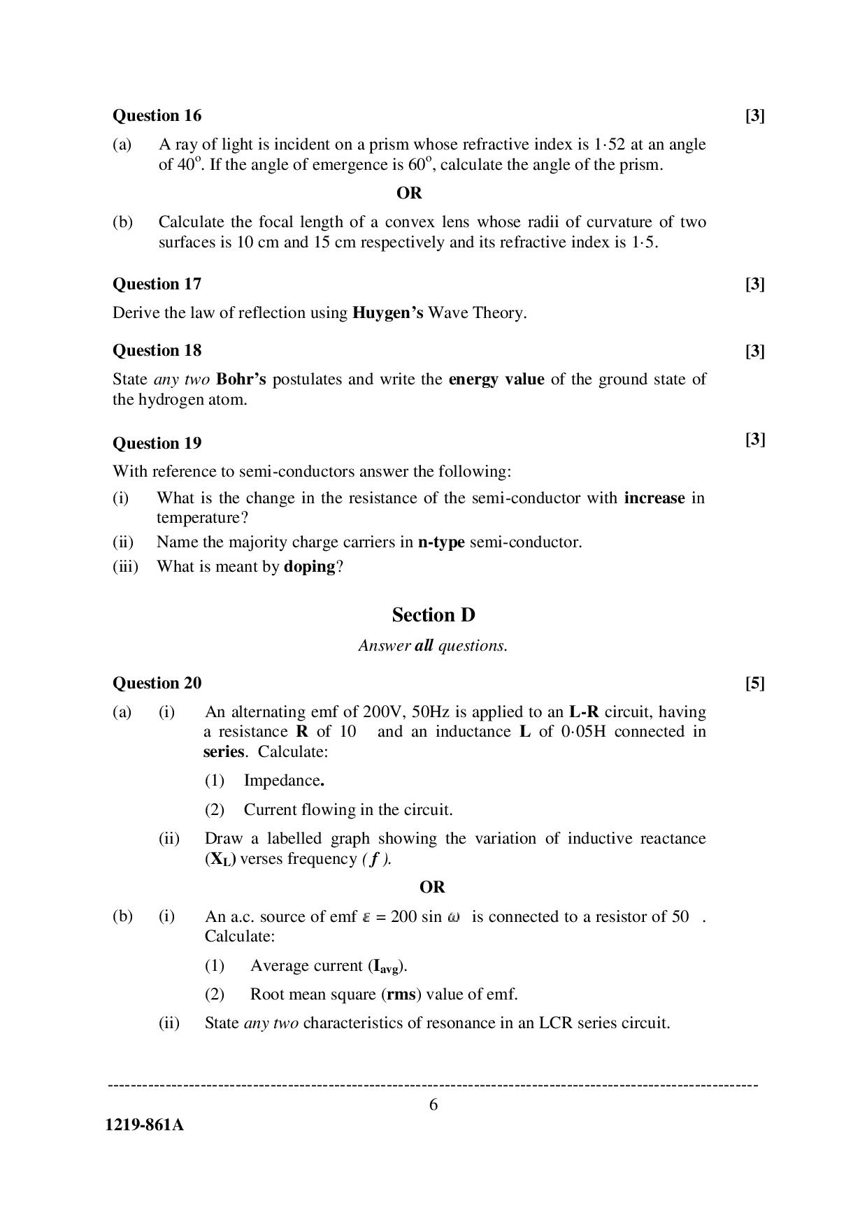 ISC Class 12 Physics 2019 Question Paper