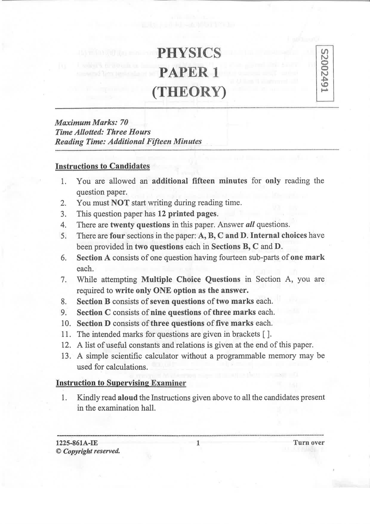 ISC 2025 Physics Improvement Examination Question Paper for Class 12 — page 1