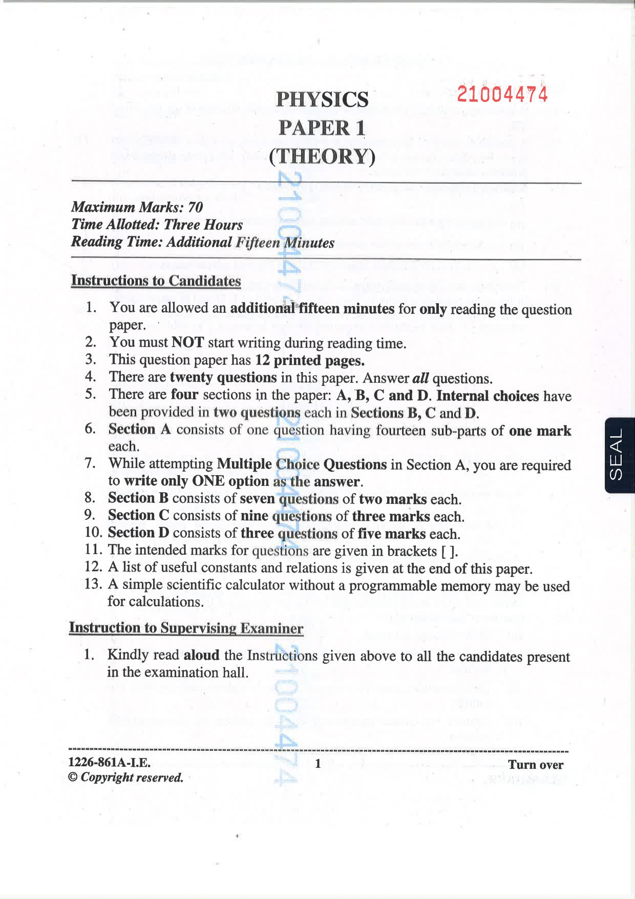 ISC 2026 Physics Improvement Examination Question Paper for Class 12 — page 1