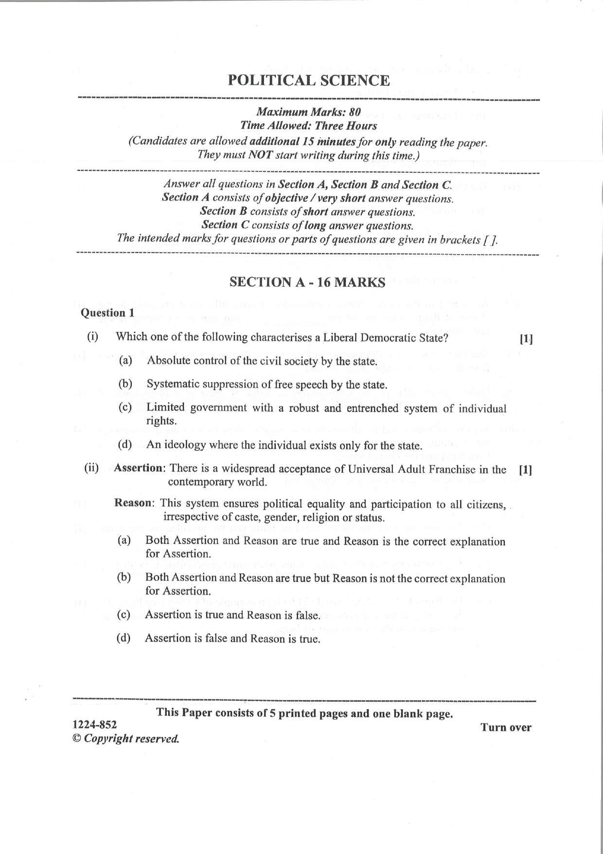 ISC 2024 Political Science Question Paper for Class 12 — page 1
