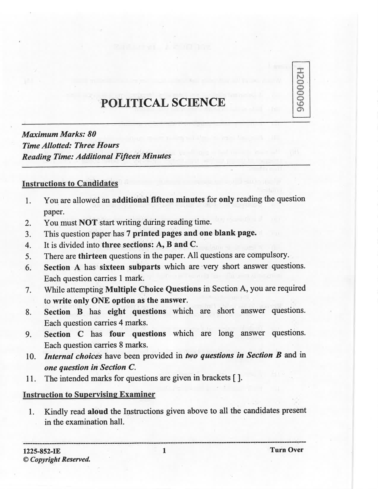ISC 2025 Political Science Improvement Examination Question Paper for Class 12 — page 1