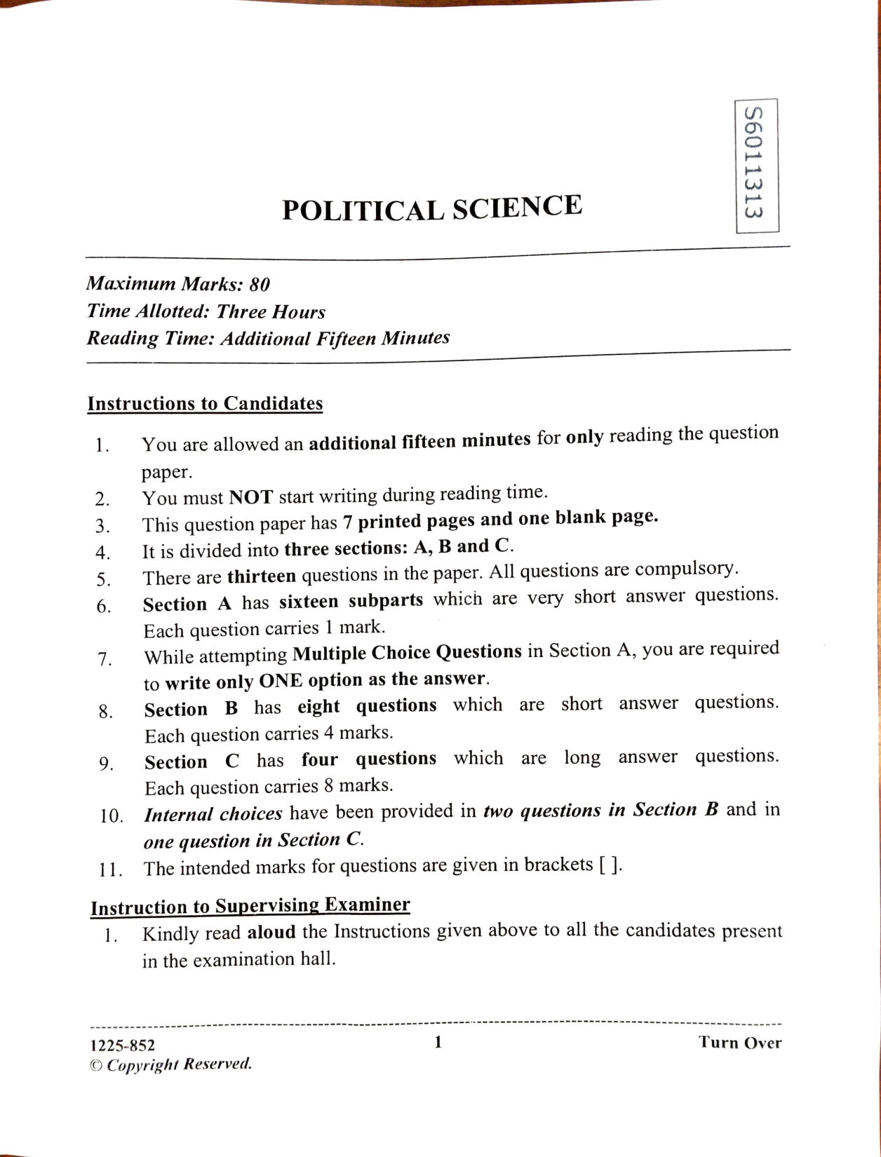 ISC 2025 Political Science Question Paper for Class 12 — page 1