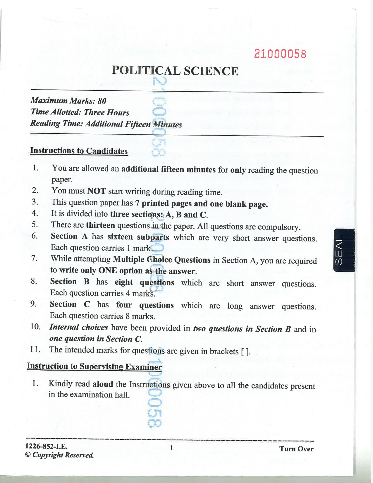 ISC 2026 Political Science Improvement Examination Question Paper for Class 12 — page 1