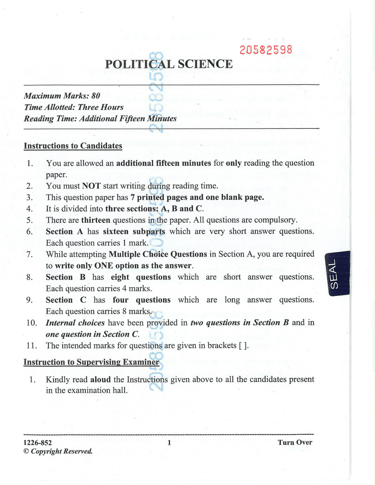 ISC 2026 Political Science Question Paper for Class 12 — page 1