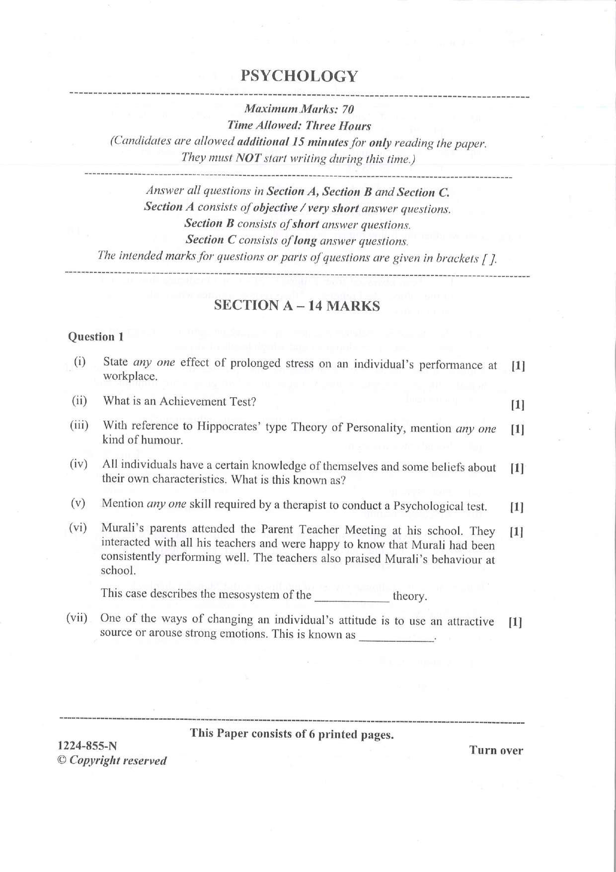 ISC 2024 Psychology Question Paper for Class 12 — page 1