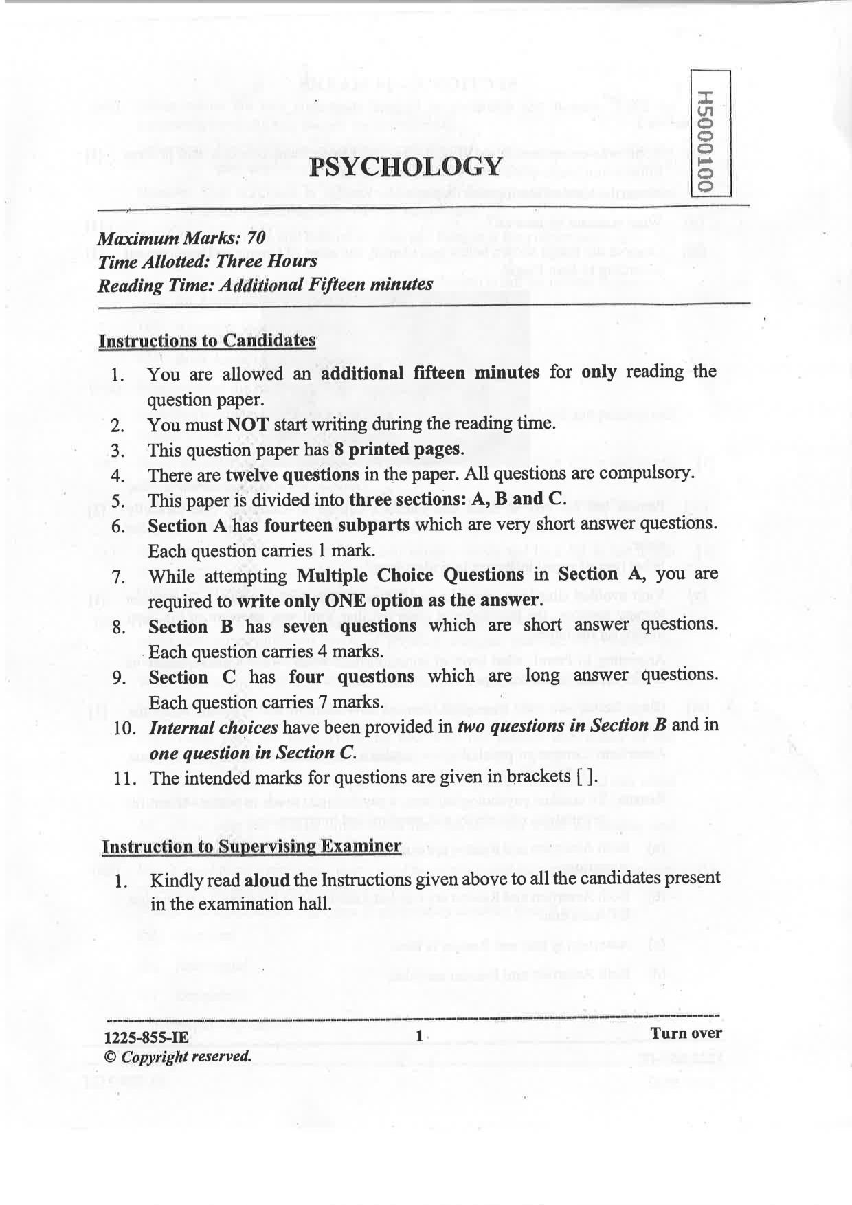 ISC 2025 Psychology Improvement Examination Question Paper for Class 12 — page 1