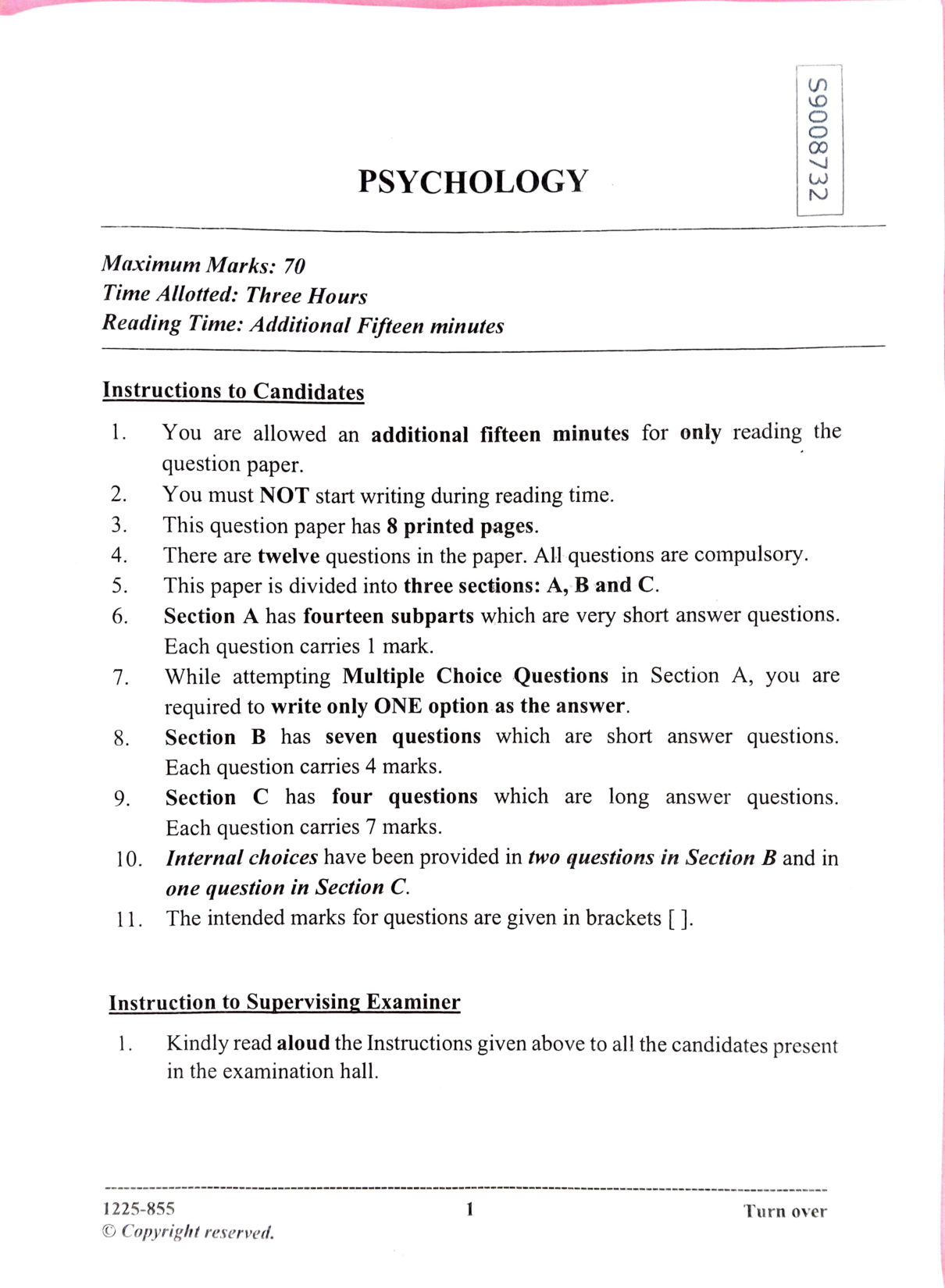 ISC 2025 Psychology Question Paper for Class 12 — page 1