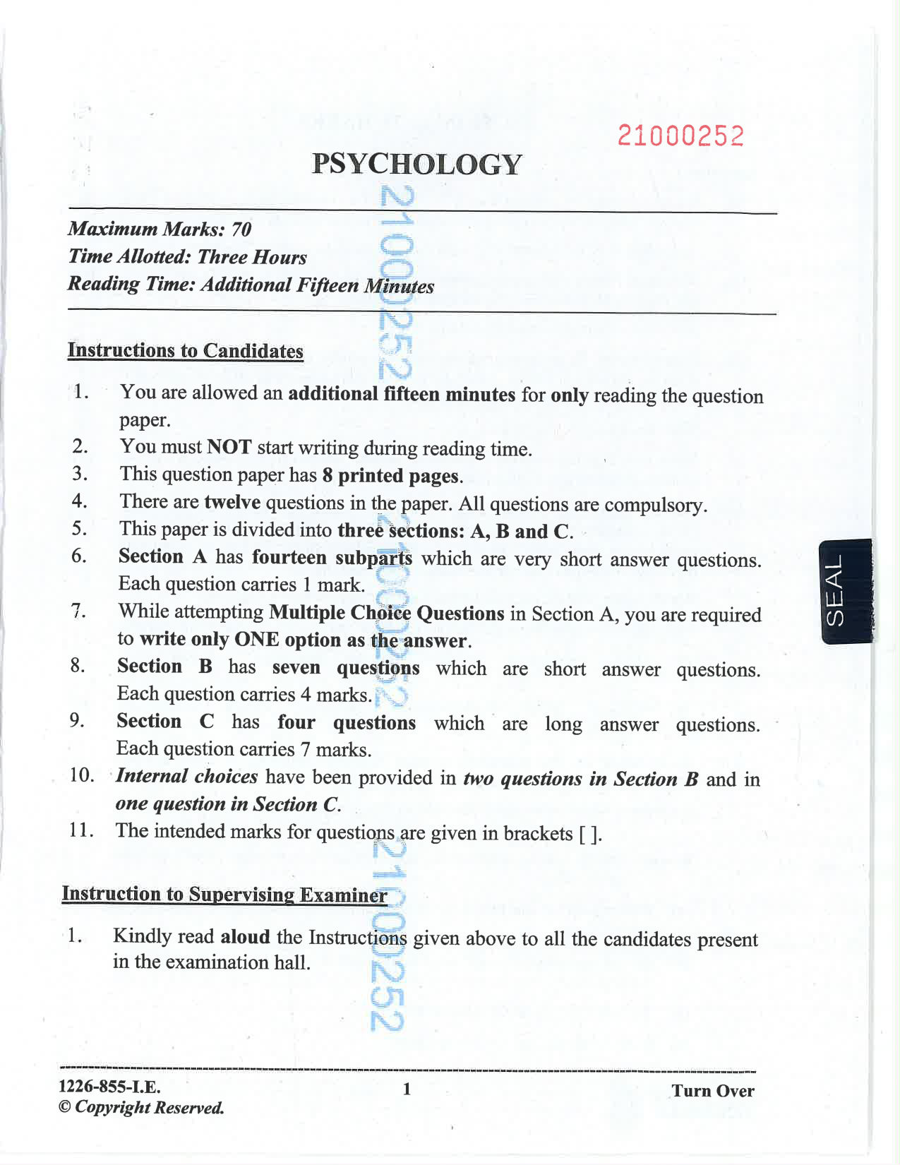 ISC 2026 Psychology Improvement Examination Question Paper for Class 12 — page 1
