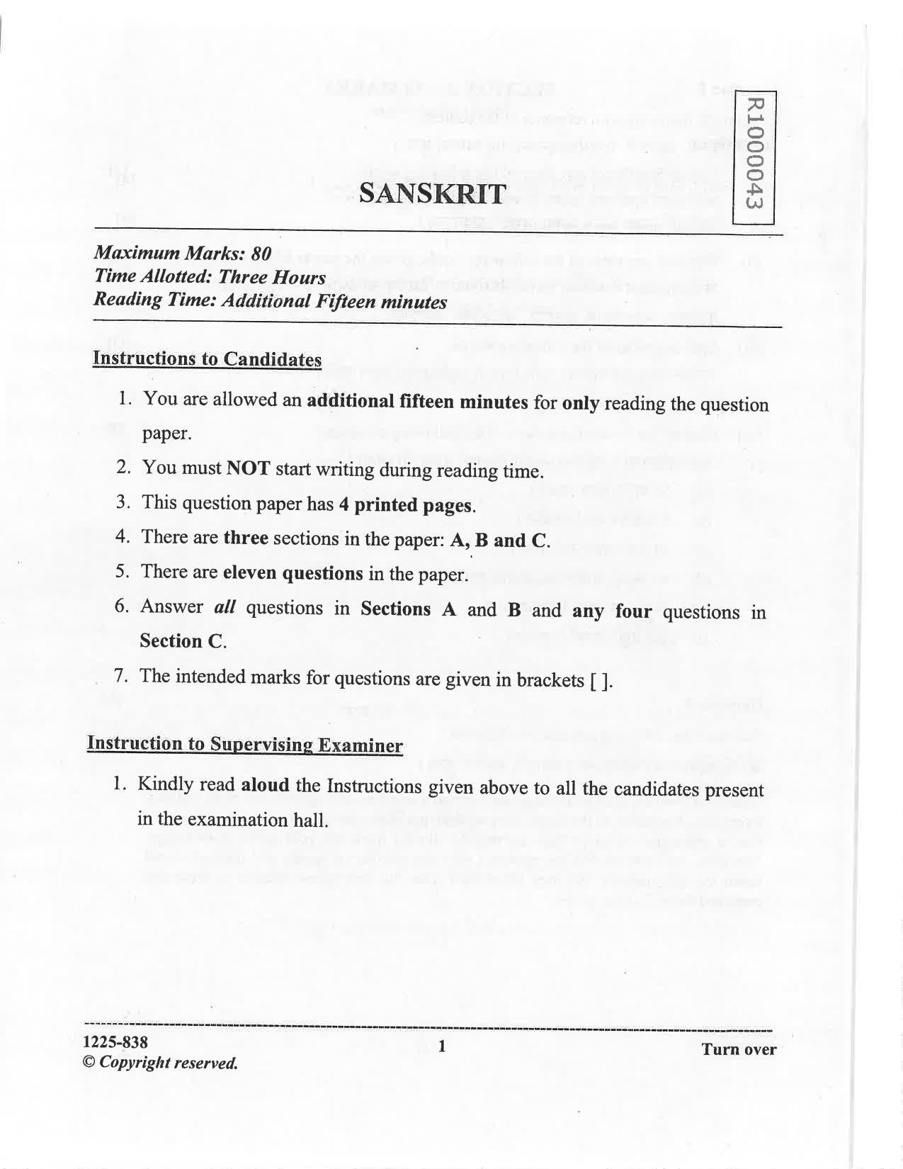 ISC 2025 Sanskrit Question Paper for Class 12 — page 1