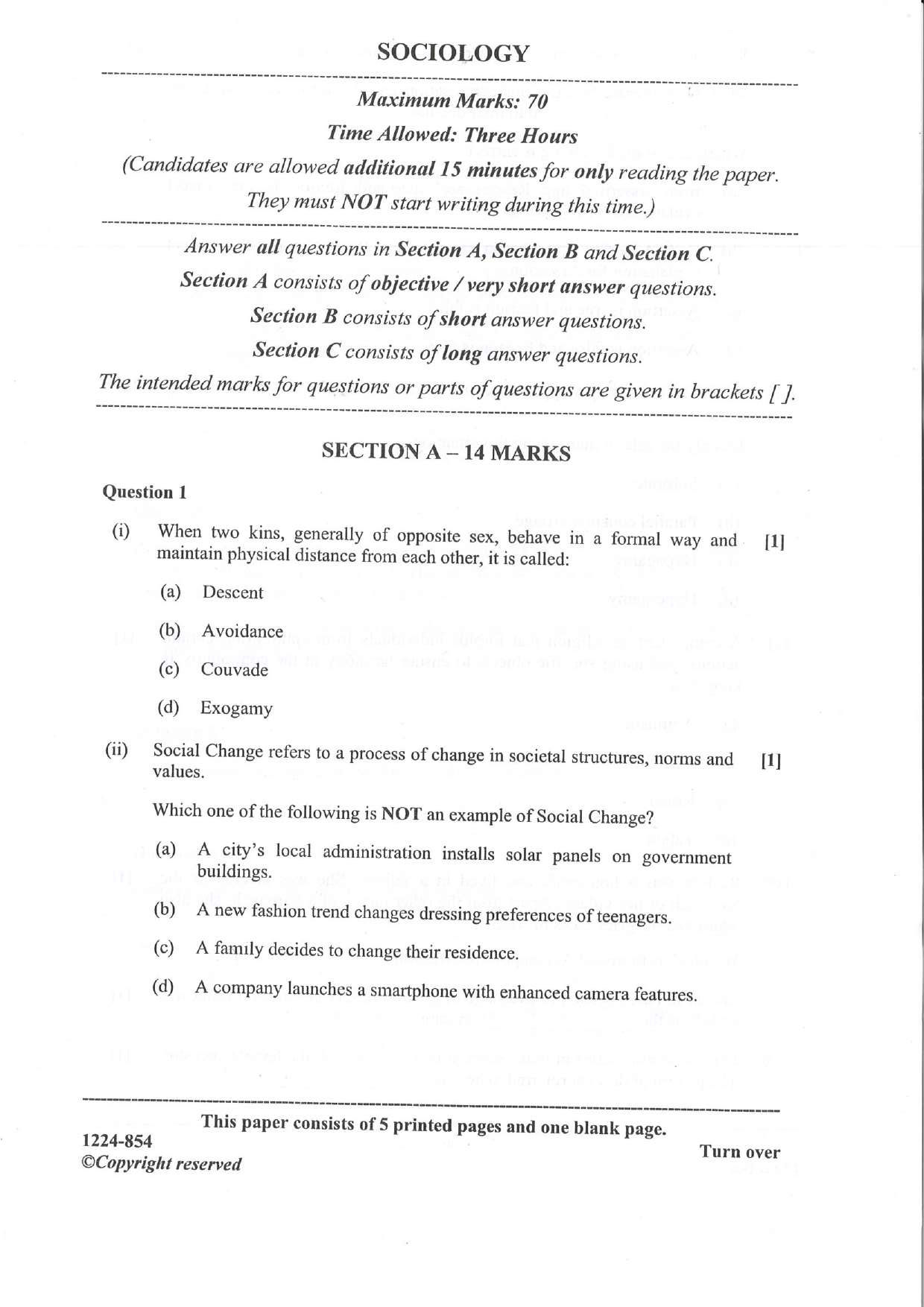 ISC 2024 Sociology Question Paper for Class 12 — page 1