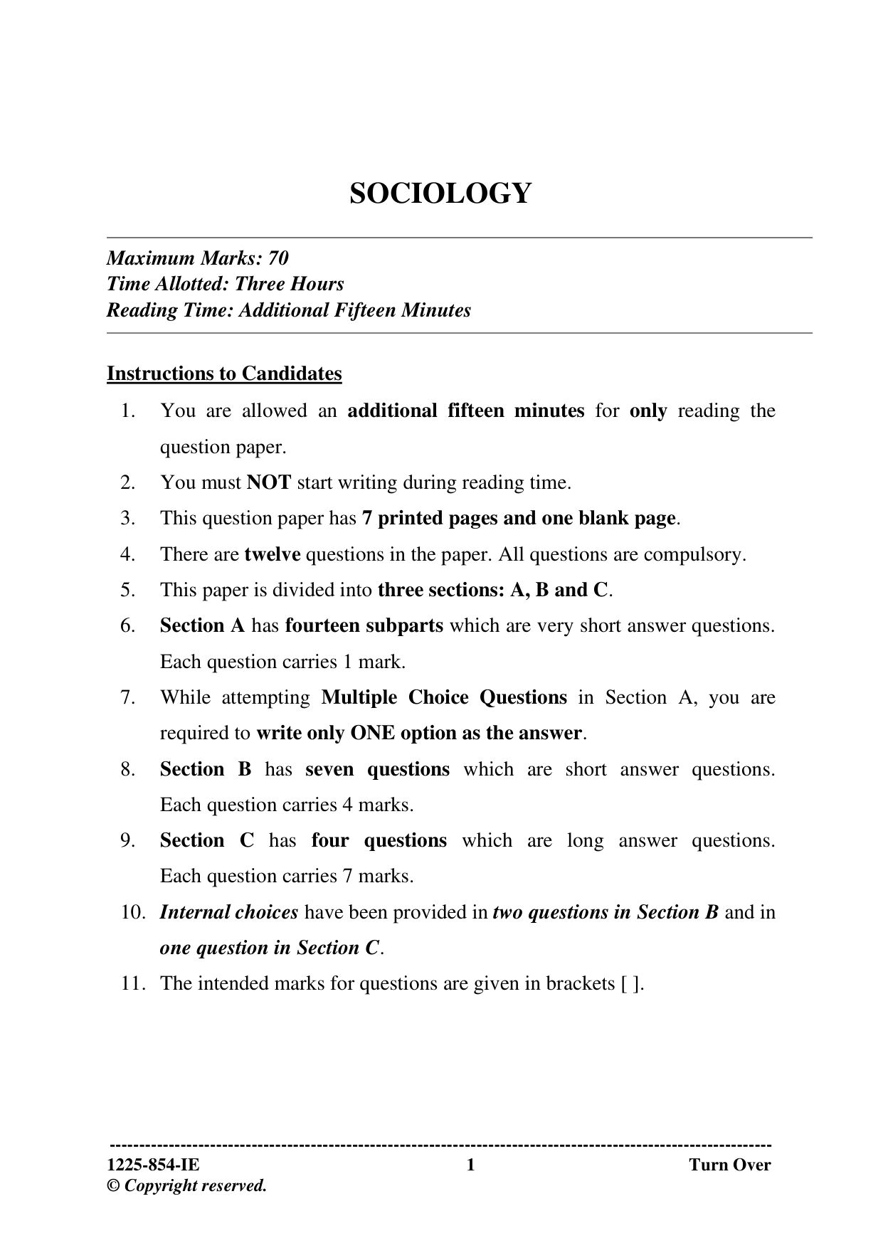 ISC 2025 Sociology Improvement Examination Question Paper for Class 12 — page 1