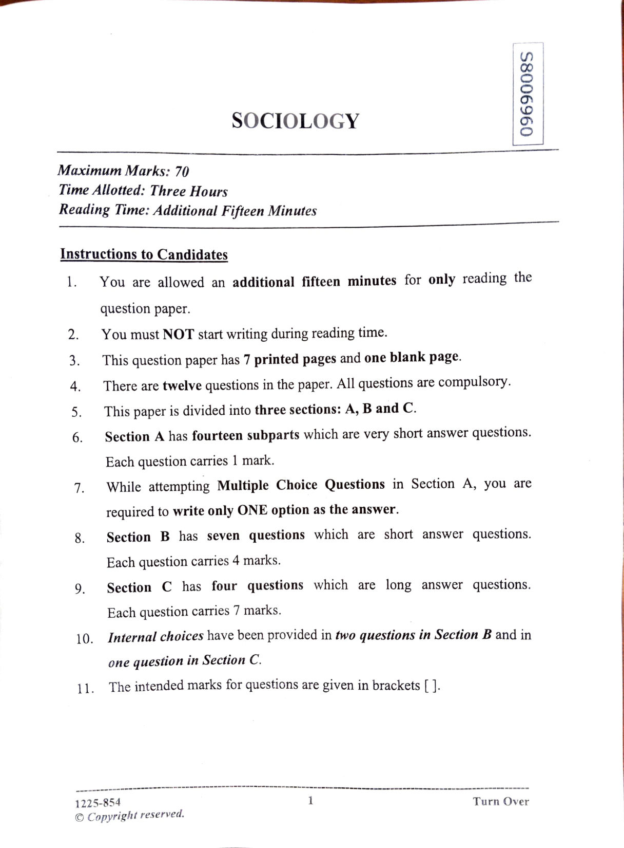 ISC 2025 Sociology Question Paper for Class 12 — page 1