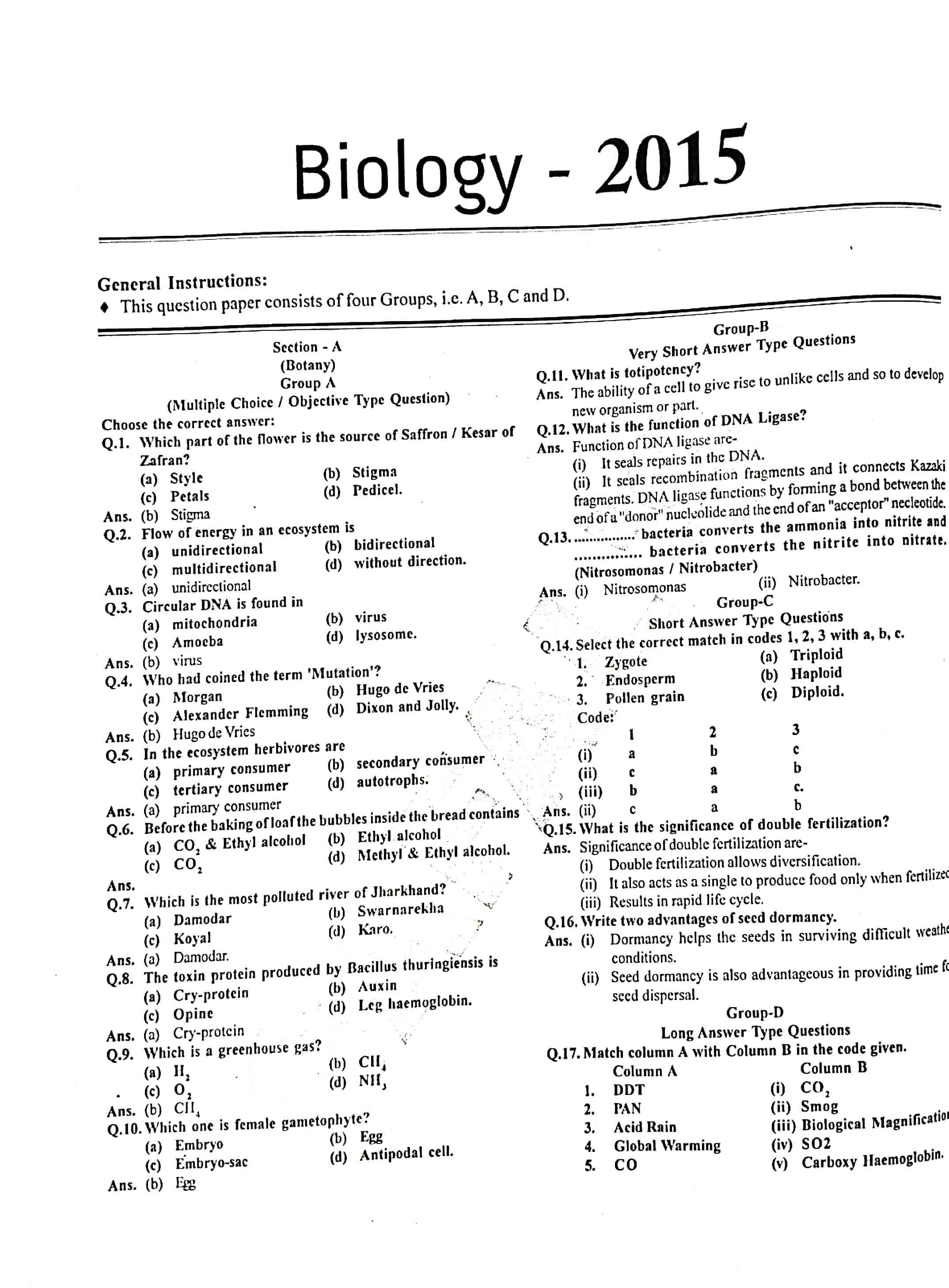 JAC Class 12 Biology Question Paper 2015 with Solution — page 1