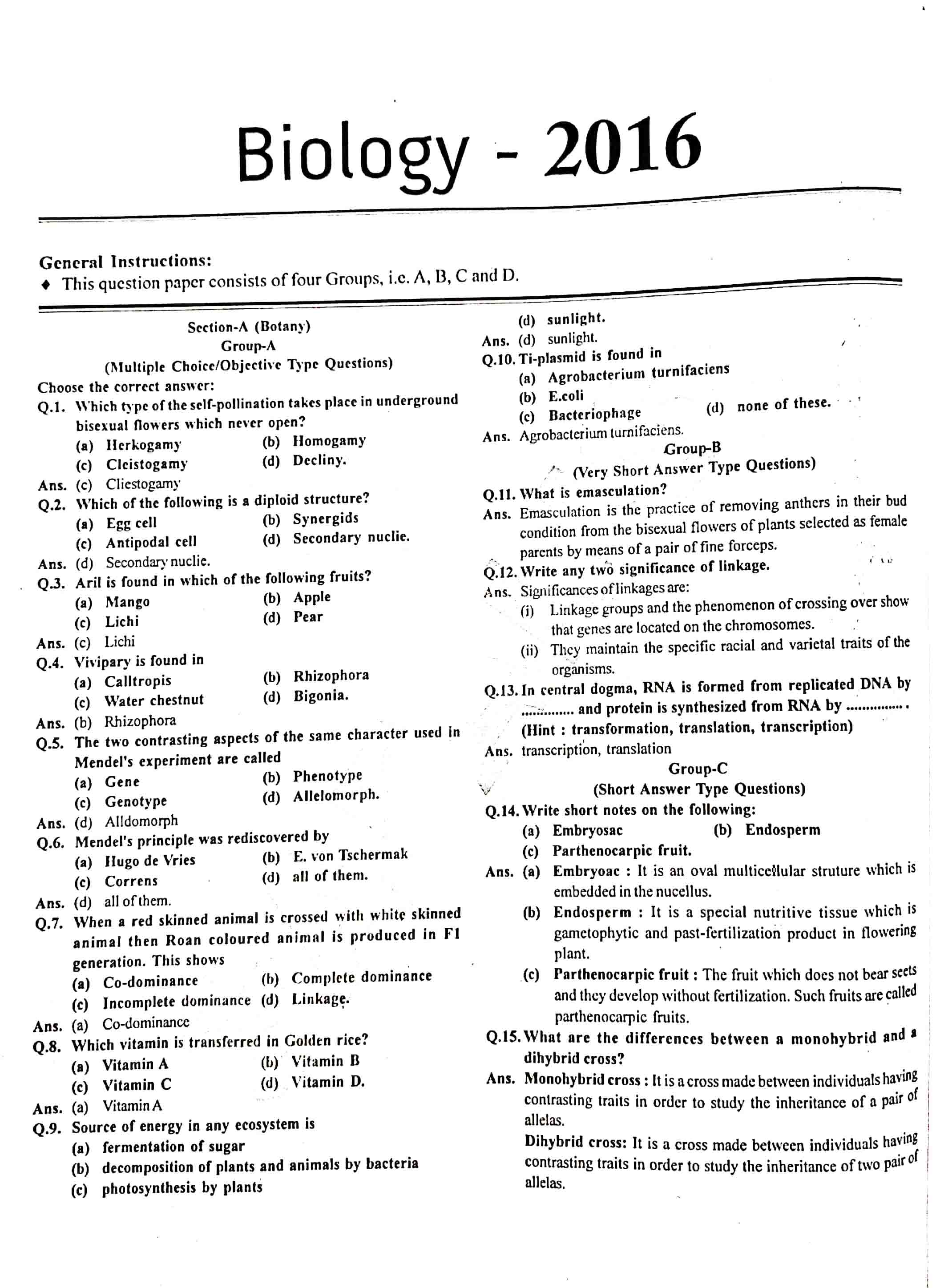 JAC Class 12 Biology Question Paper 2016 with Solution — page 1
