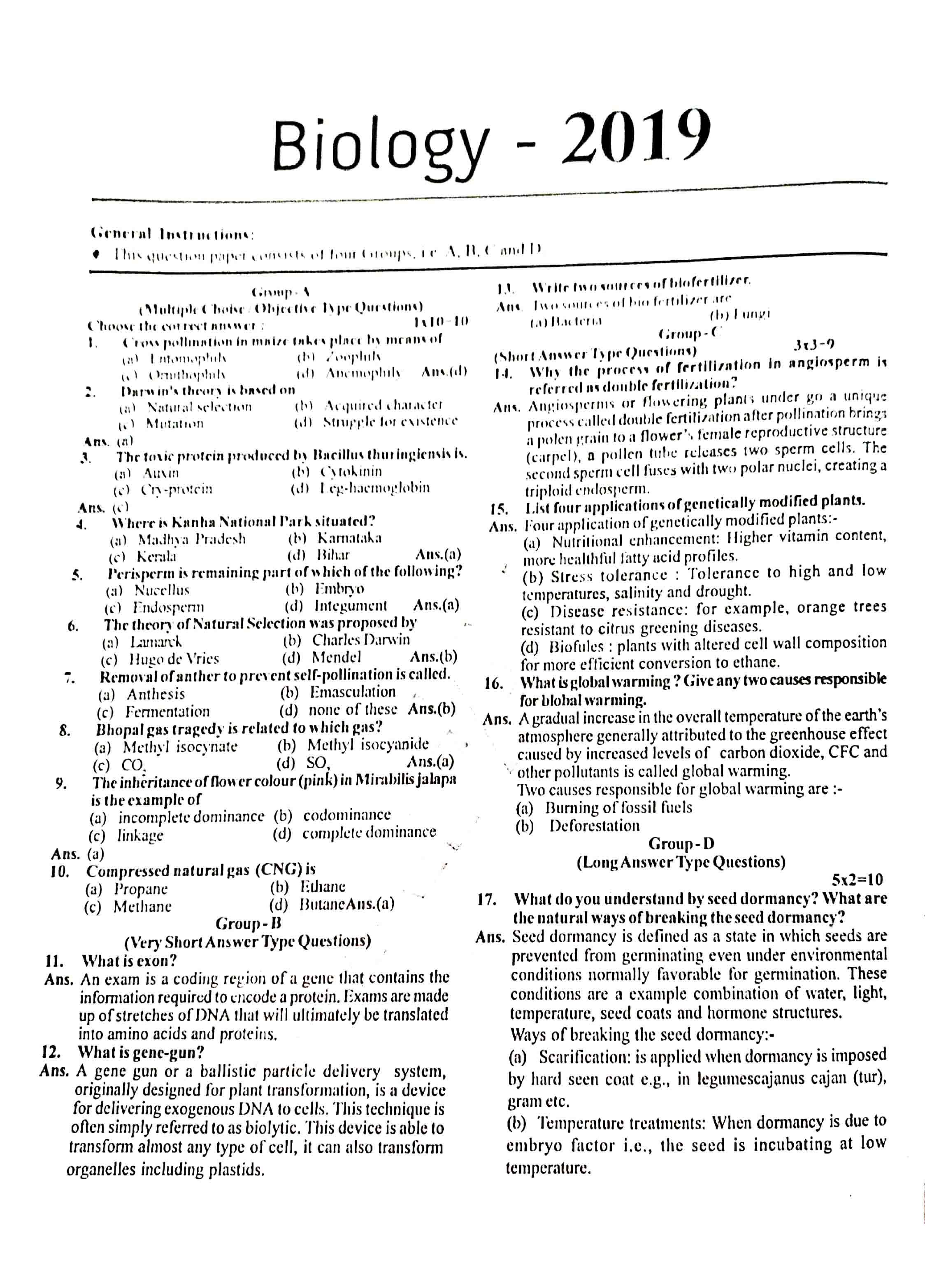 JAC Class 12 Biology Question Paper 2019 with Solution — page 1